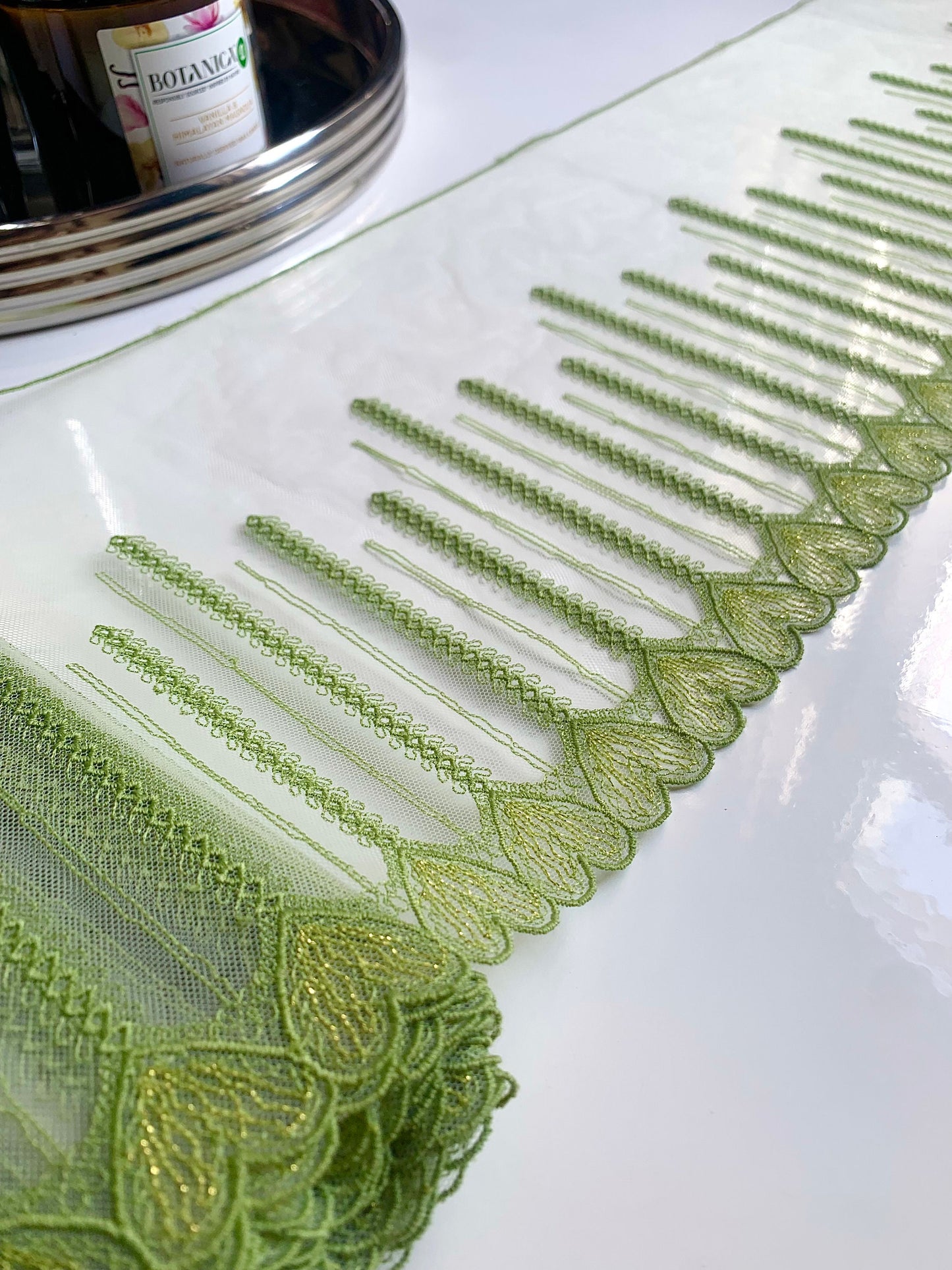 Green Gold Shimmer Hearts Embroidered Lace Trim 8”/20cm Floral Scallop Edge Fabric for Bra Making Bramaking Knickers Lingerie Sewing