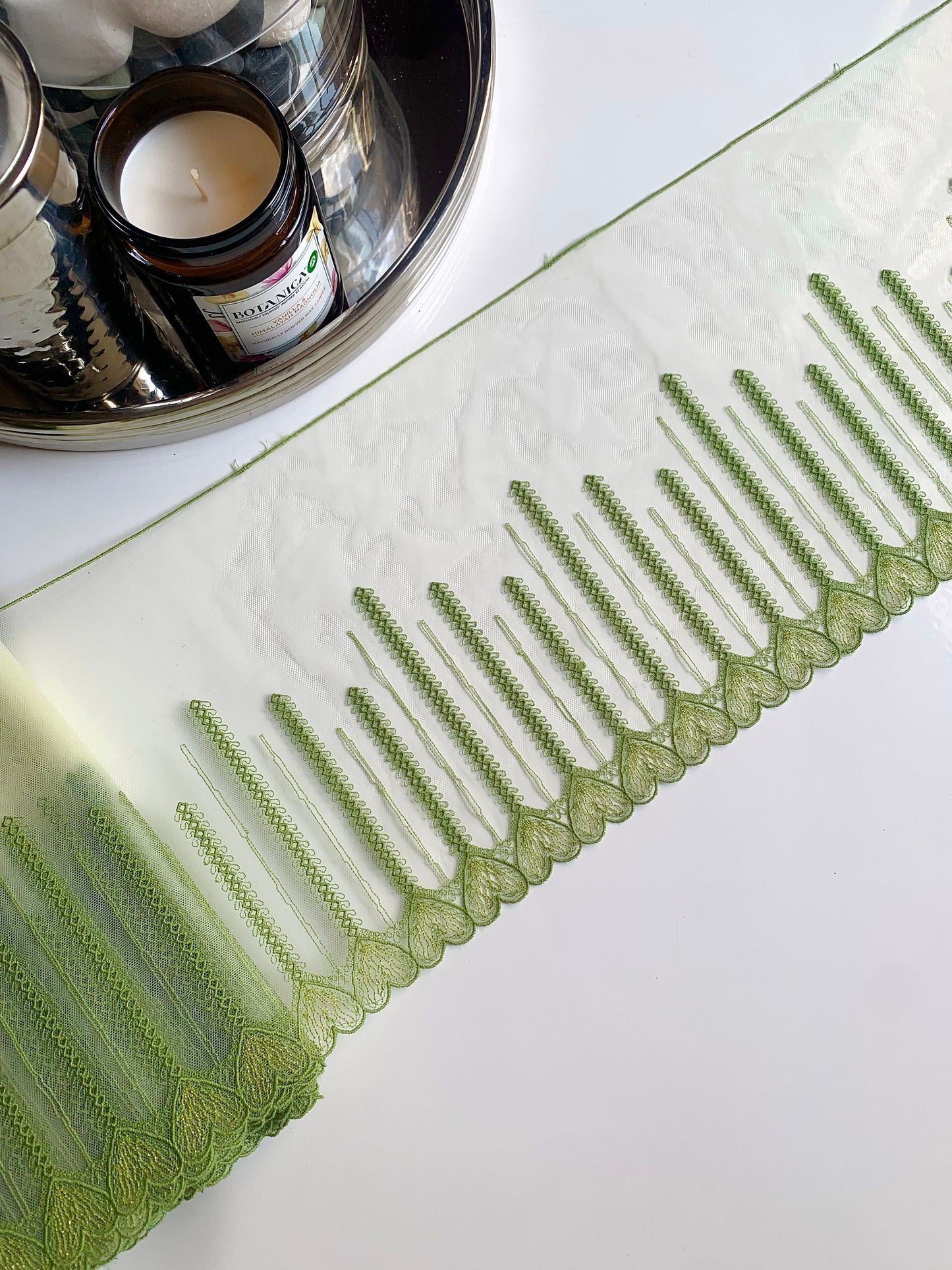 Green Gold Shimmer Hearts Embroidered Lace Trim 8”/20cm Floral Scallop Edge Fabric for Bra Making Bramaking Knickers Lingerie Sewing