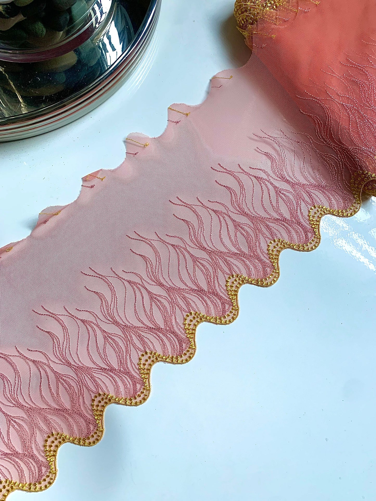 Pink Peach Yellow Shimmer Lace Trim 7.5”/19.5cm Embroidered Floral Scallop Edge Fabric for Bra Making Bramaking Knickers Lingerie Sewing