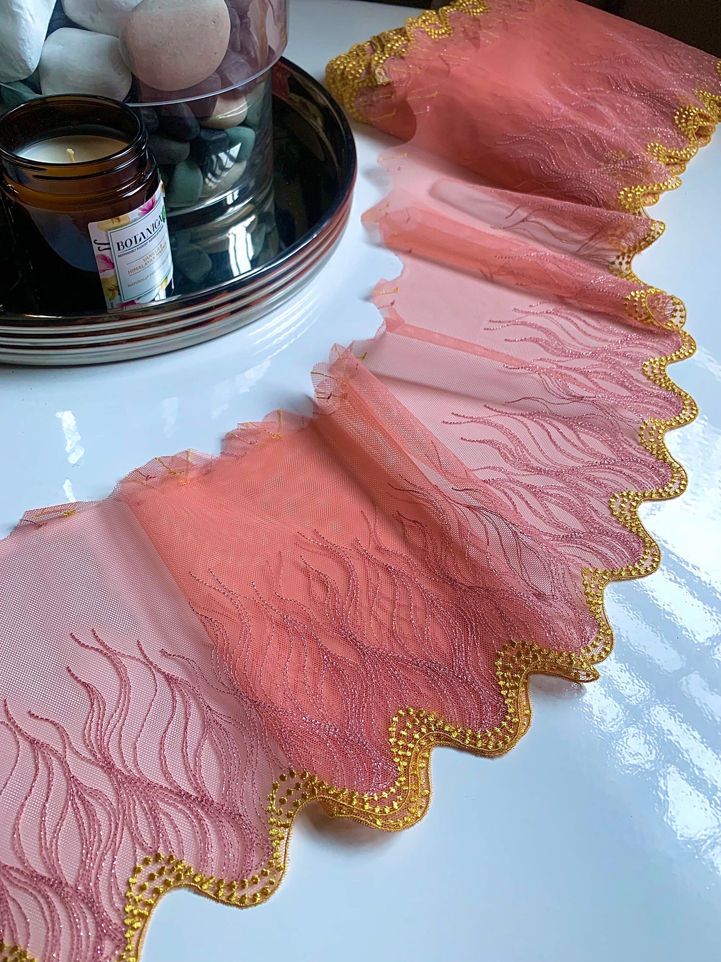 Pink Peach Yellow Shimmer Lace Trim 7.5”/19.5cm Embroidered Floral Scallop Edge Fabric for Bra Making Bramaking Knickers Lingerie Sewing