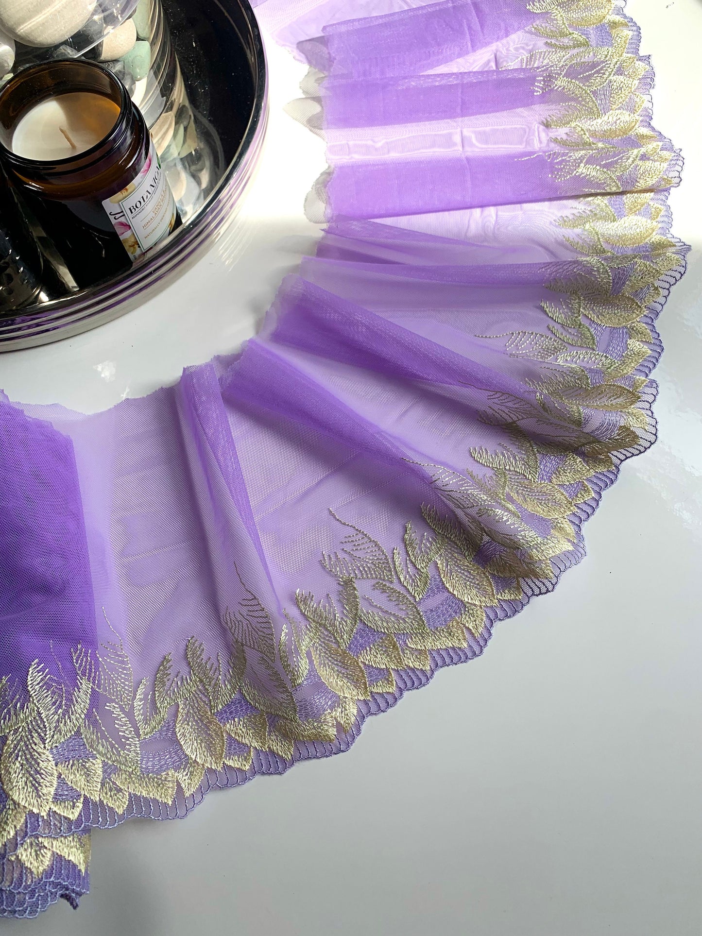 Lavender Purple Pale Yellow Embroidered Lace Trim 9”/23cm Lilac Floral Scallop Edge Fabric for Bra Making Bramaking Knickers Lingerie Sewing