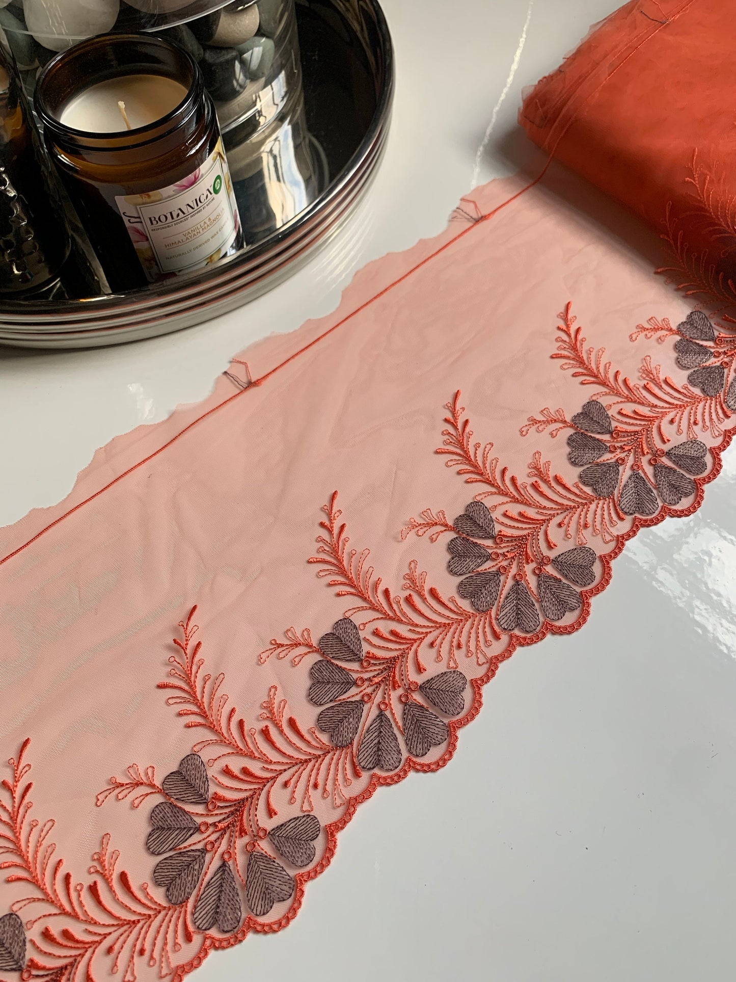 Orange Tulle Lace Trim 7.75”/19.5cm Embroidered Floral Scallop Edge Fabric for Bra Making Bramaking Knickers Lingerie Sewing Craft