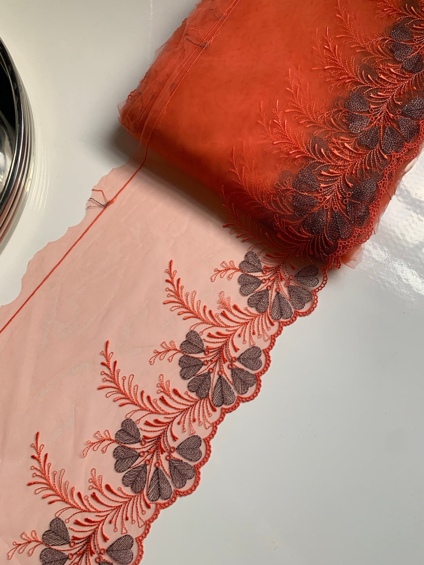 Orange Tulle Lace Trim 7.75”/19.5cm Embroidered Floral Scallop Edge Fabric for Bra Making Bramaking Knickers Lingerie Sewing Craft