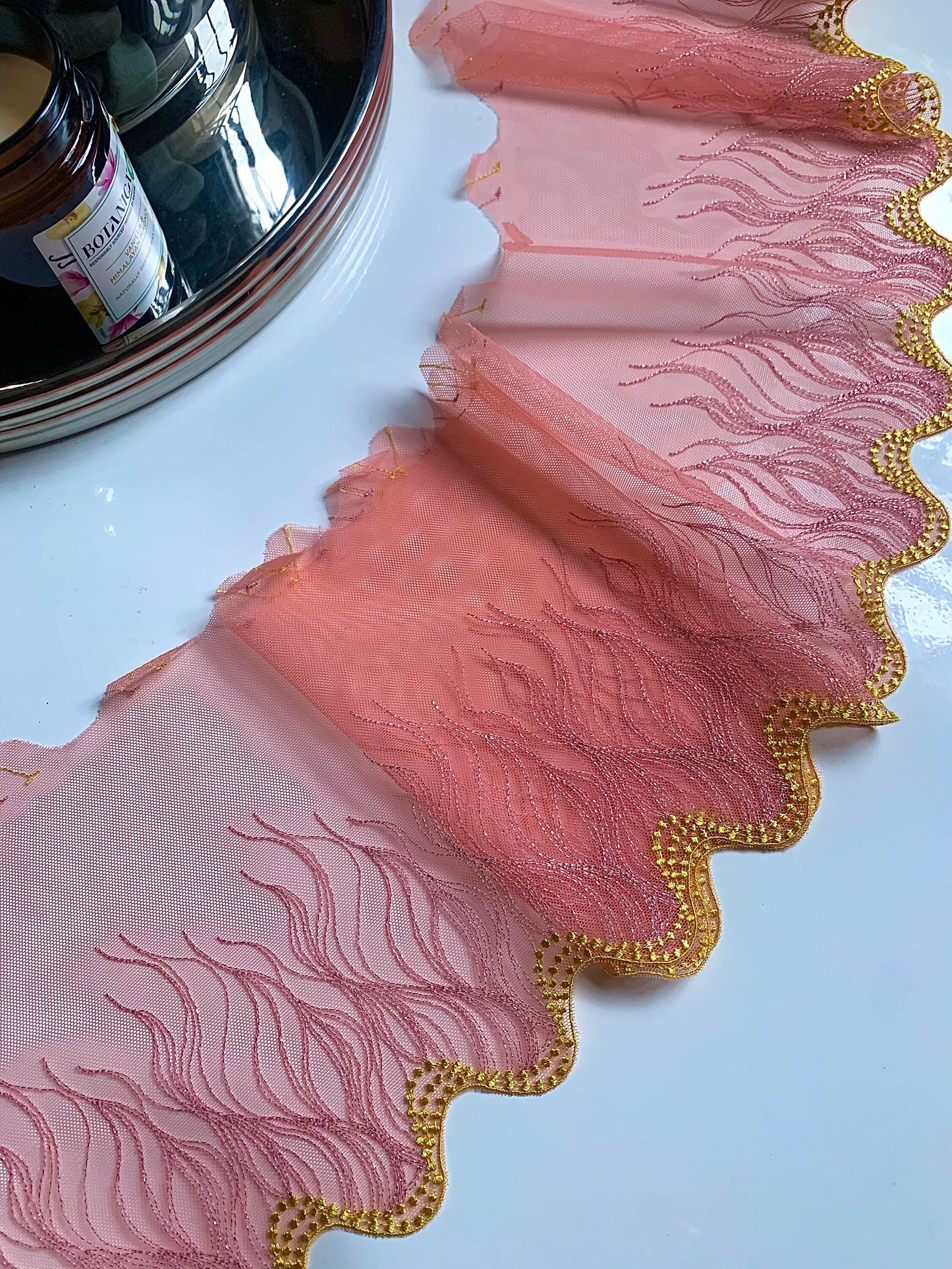 Pink Peach Yellow Shimmer Lace Trim 7.5”/19.5cm Embroidered Floral Scallop Edge Fabric for Bra Making Bramaking Knickers Lingerie Sewing