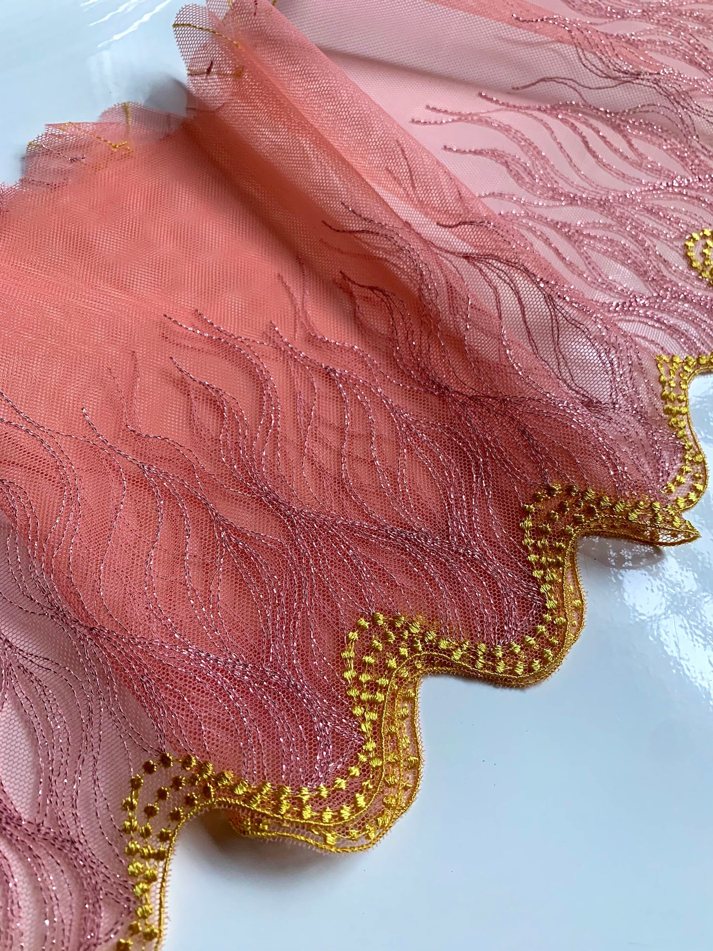 Pink Peach Yellow Shimmer Lace Trim 7.5”/19.5cm Embroidered Floral Scallop Edge Fabric for Bra Making Bramaking Knickers Lingerie Sewing