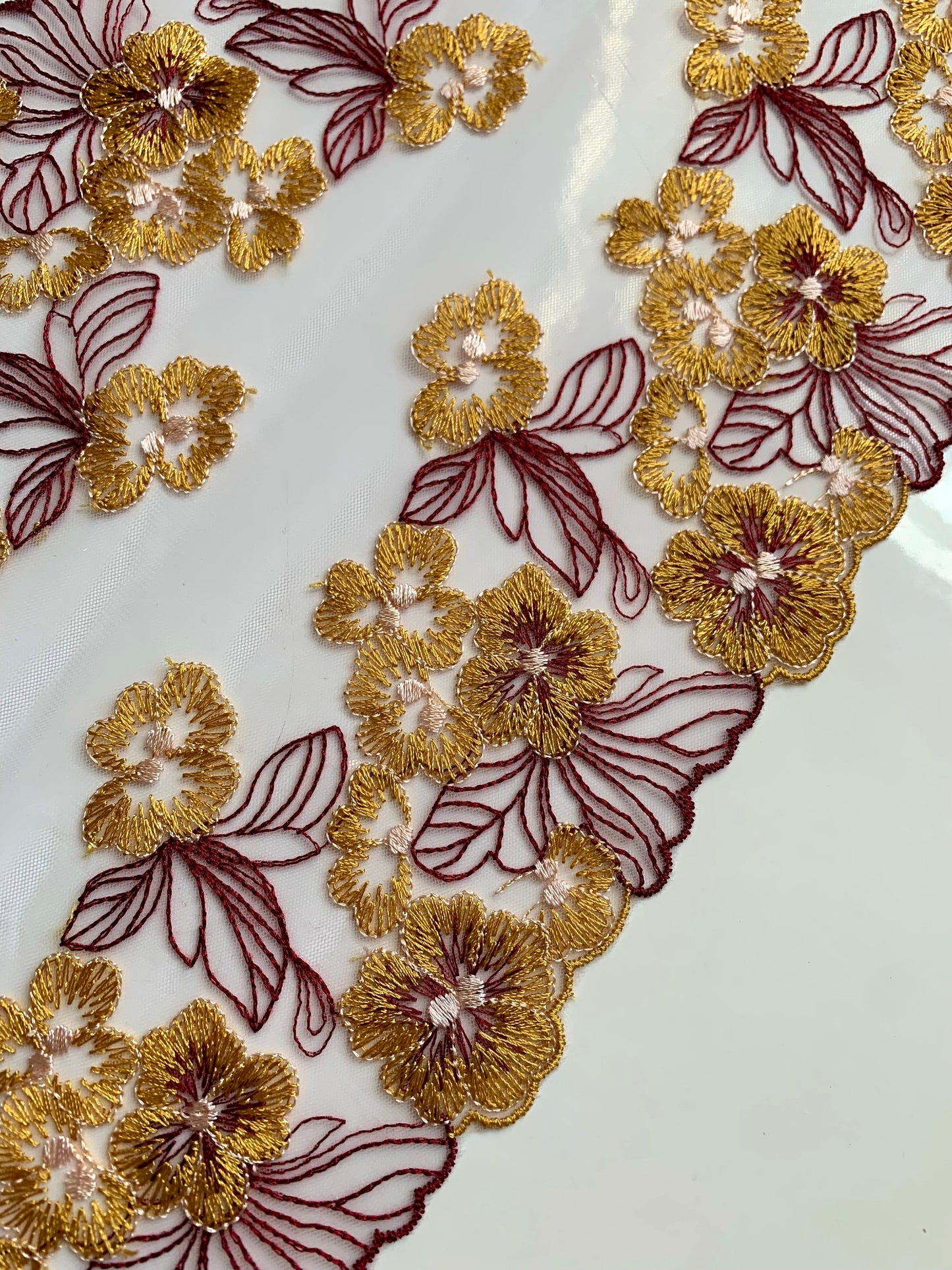 Yellow Burgundy Red Autumnal Lace Embroidered Lace Trim (6.75”/17cm) White Tulle Scallop Edge Fabric for Bramaking Knickers Lingerie Sewing
