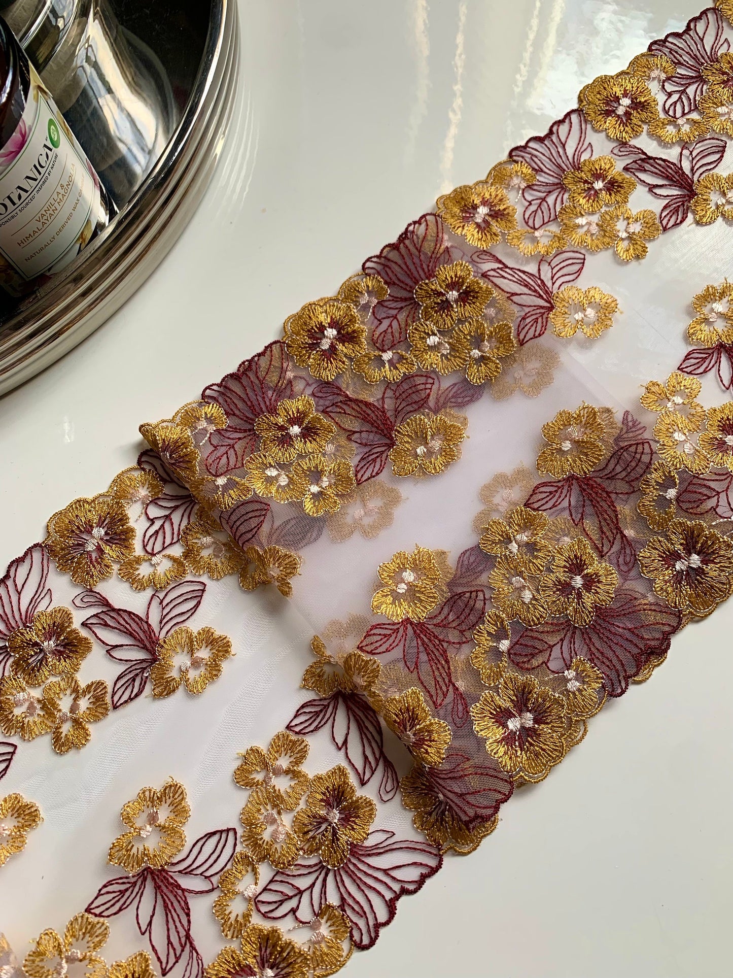 Yellow Burgundy Red Autumnal Lace Embroidered Lace Trim (6.75”/17cm) White Tulle Scallop Edge Fabric for Bramaking Knickers Lingerie Sewing