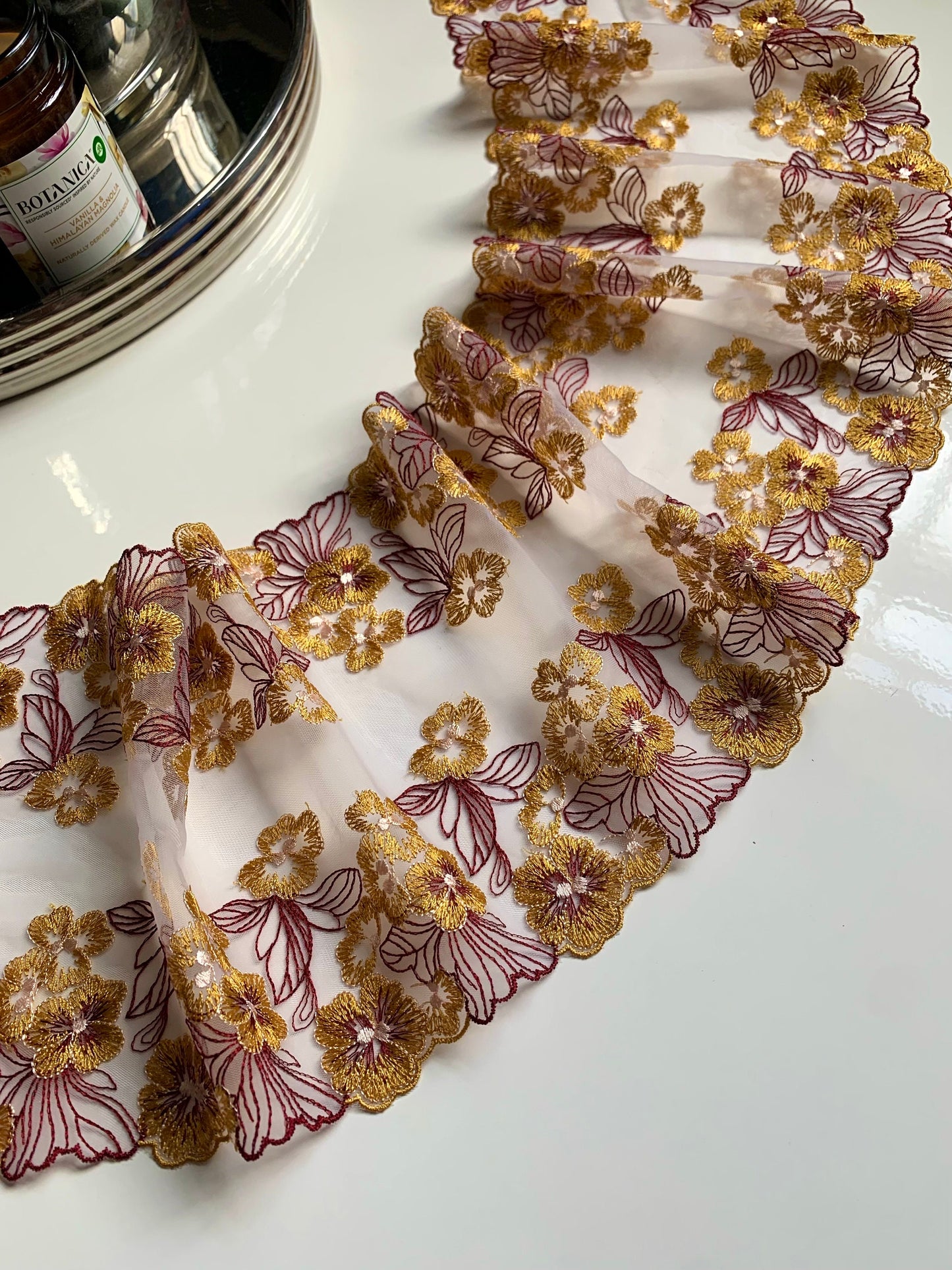 Yellow Burgundy Red Autumnal Lace Embroidered Lace Trim (6.75”/17cm) White Tulle Scallop Edge Fabric for Bramaking Knickers Lingerie Sewing