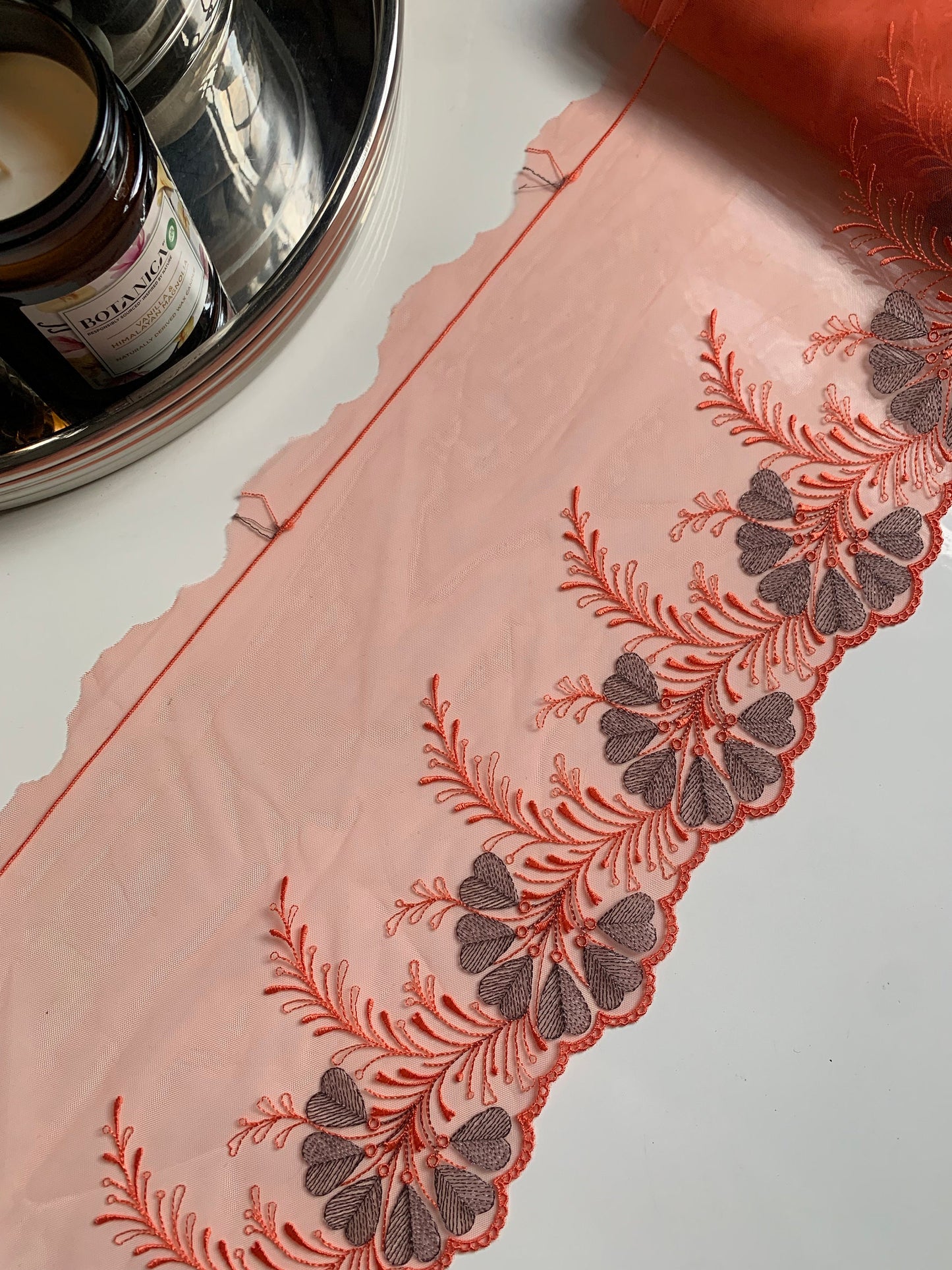 Orange Tulle Lace Trim 7.75”/19.5cm Embroidered Floral Scallop Edge Fabric for Bra Making Bramaking Knickers Lingerie Sewing Craft