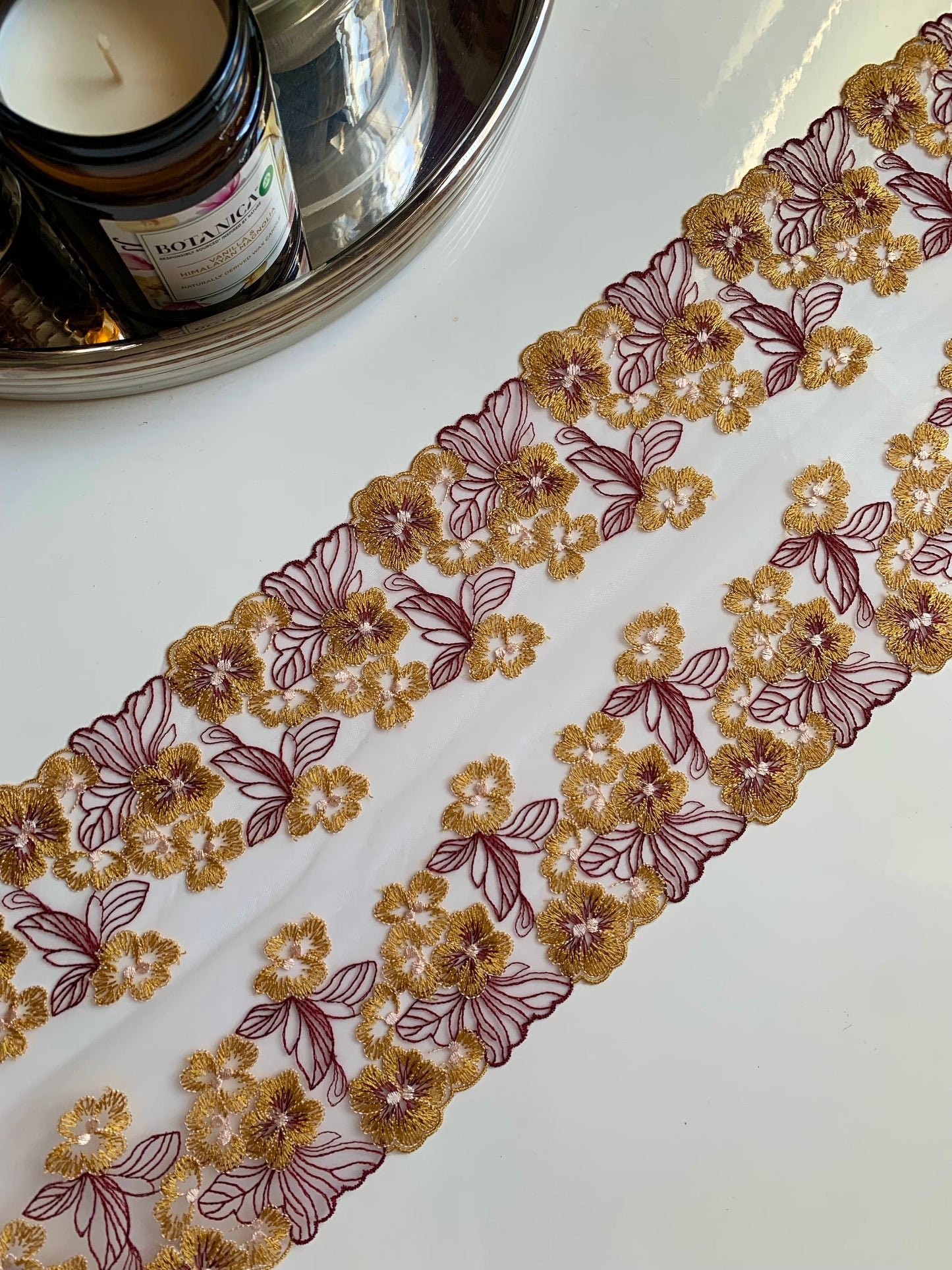 Yellow Burgundy Red Autumnal Lace Embroidered Lace Trim (6.75”/17cm) White Tulle Scallop Edge Fabric for Bramaking Knickers Lingerie Sewing