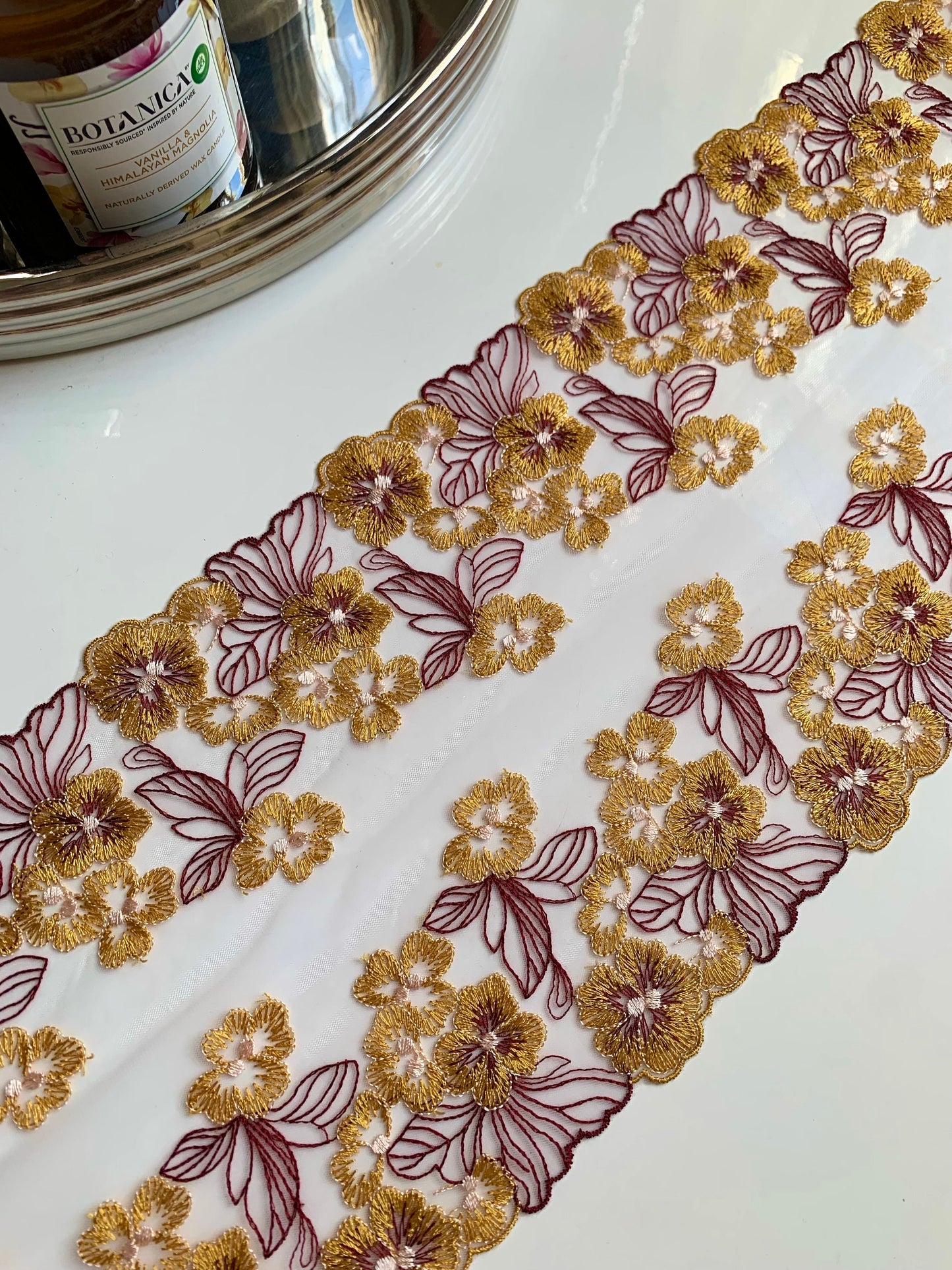 Yellow Burgundy Red Autumnal Lace Embroidered Lace Trim (6.75”/17cm) White Tulle Scallop Edge Fabric for Bramaking Knickers Lingerie Sewing