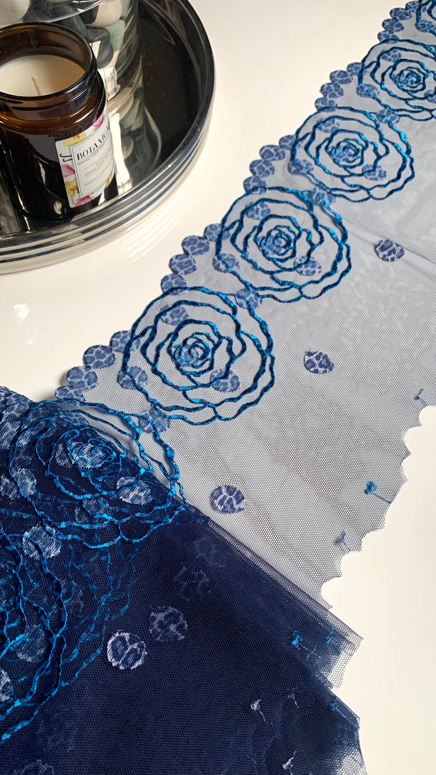 Denim Blue Floral Rose Animal Printed Embroidered Lace Trim (7.5"/19cm) Scallop Edge Fabric for Bramaking Knickers Lingerie Sewing Craft
