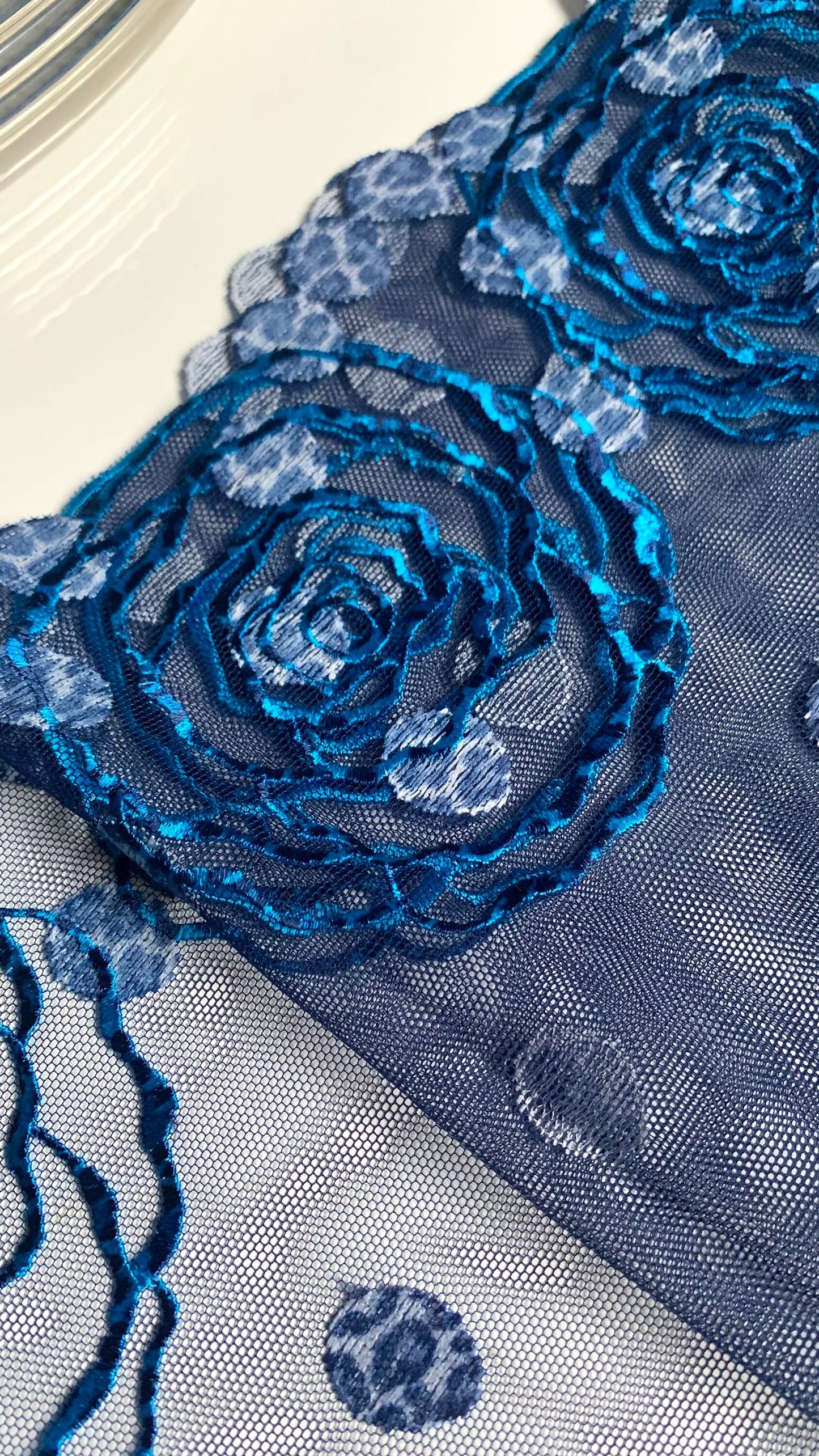 Denim Blue Floral Rose Animal Printed Embroidered Lace Trim (7.5"/19cm) Scallop Edge Fabric for Bramaking Knickers Lingerie Sewing Craft