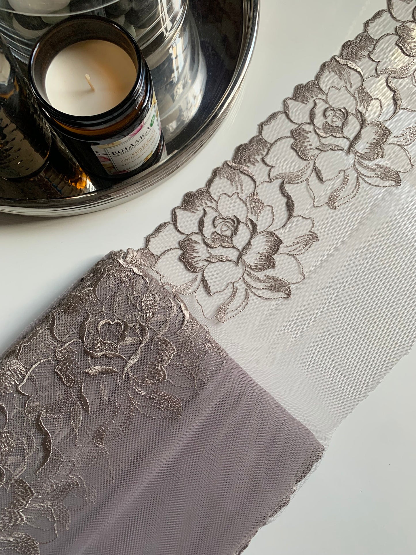Taupe Grey Brown 8.50”/22cm Large Flower Embroidered Lace Trim Scallop Edge Floral Fabric for Bra Making Bramaking Knickers Lingerie Sewing