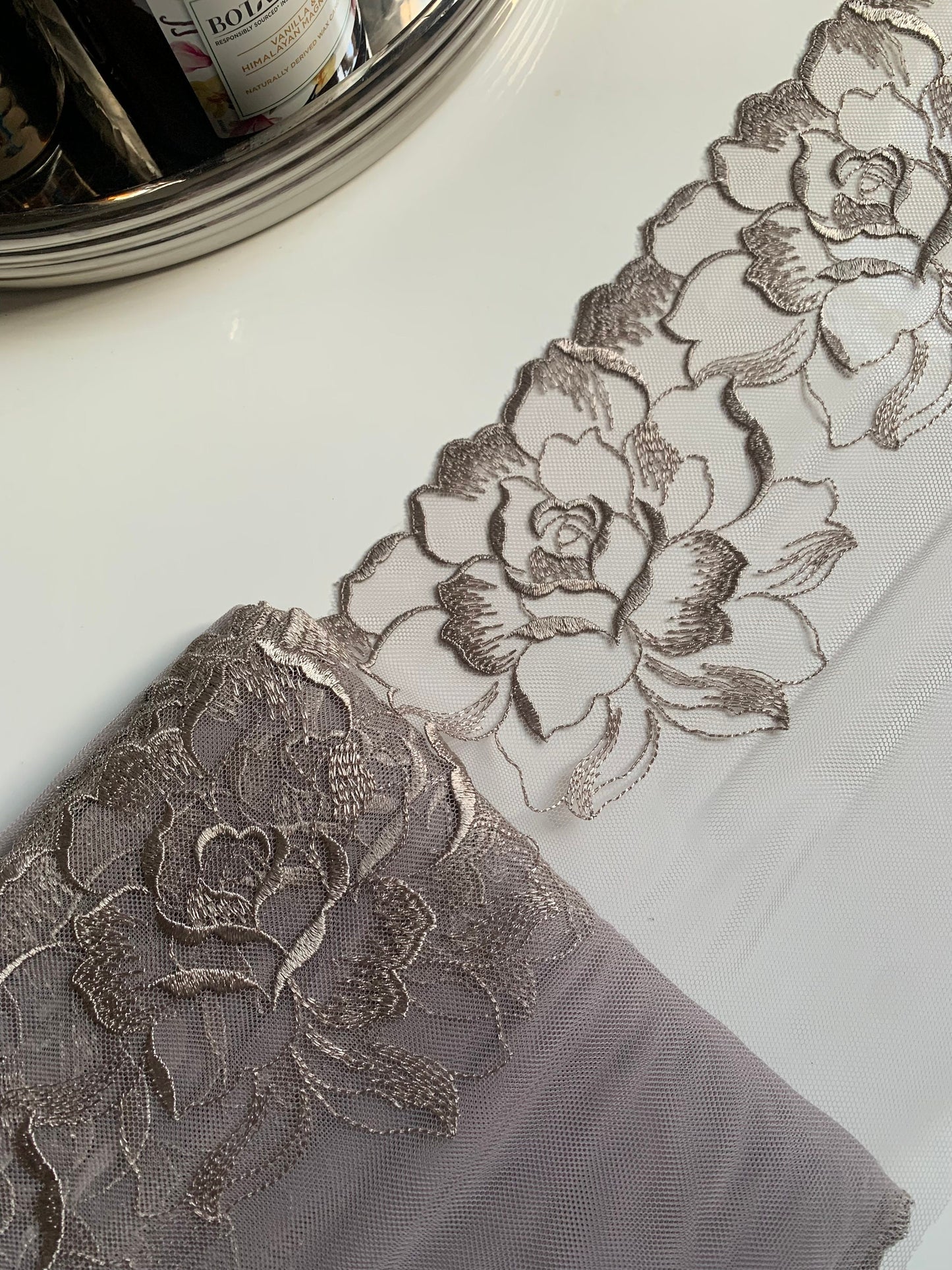 Taupe Grey Brown 8.50”/22cm Large Flower Embroidered Lace Trim Scallop Edge Floral Fabric for Bra Making Bramaking Knickers Lingerie Sewing