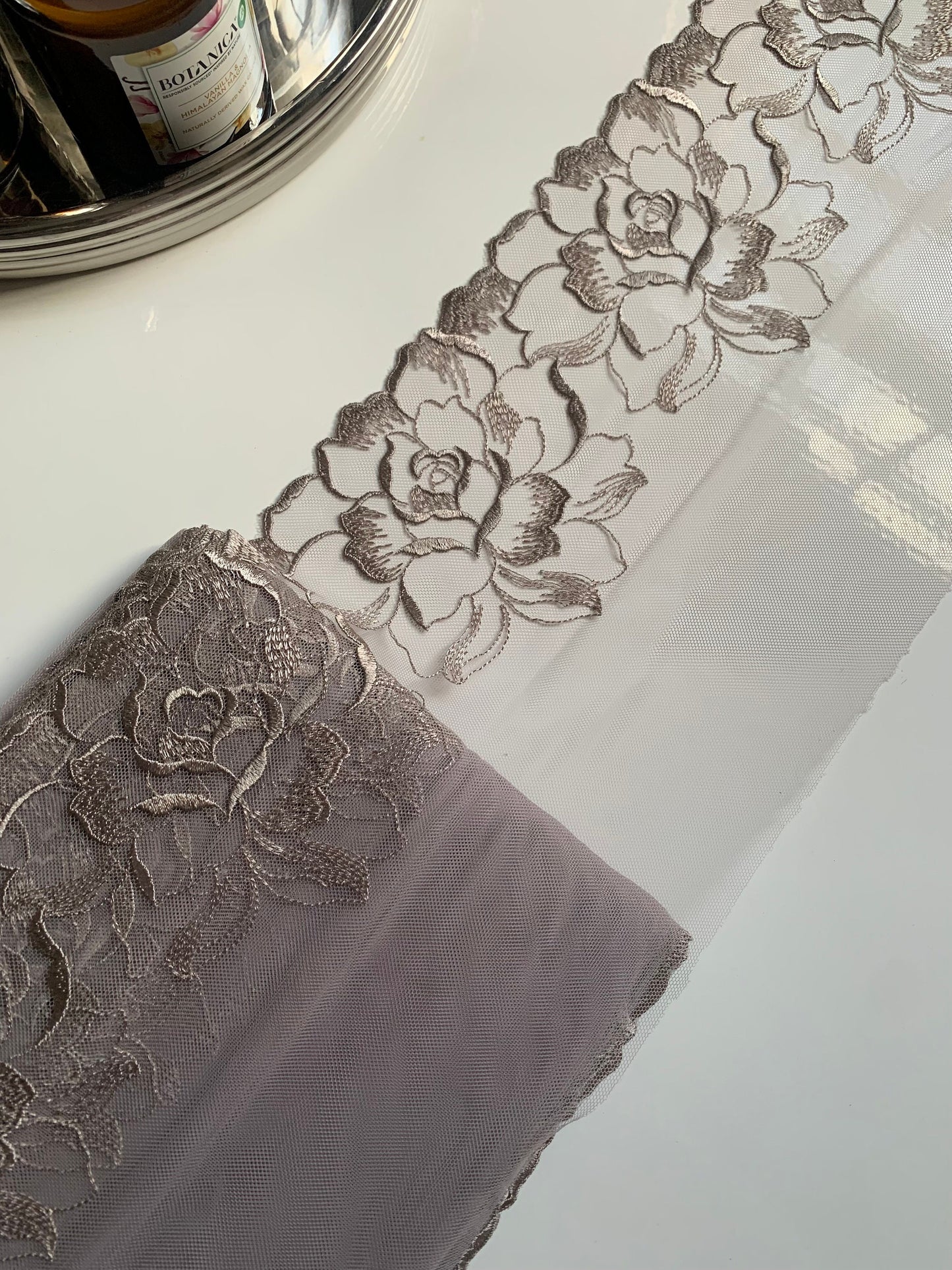 Taupe Grey Brown 8.50”/22cm Large Flower Embroidered Lace Trim Scallop Edge Floral Fabric for Bra Making Bramaking Knickers Lingerie Sewing