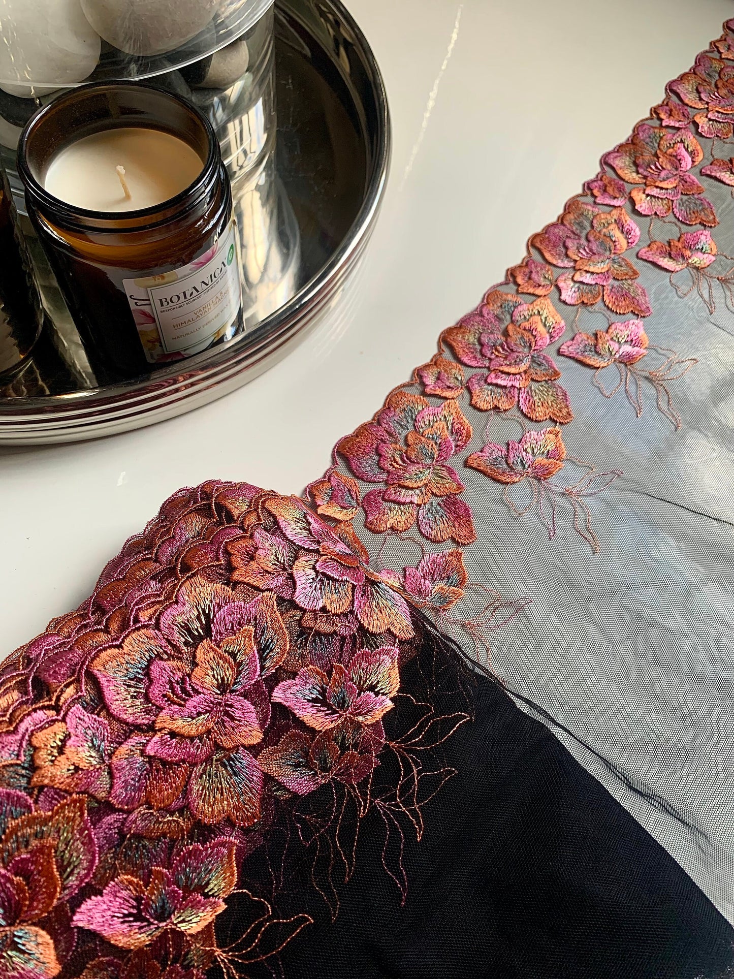 Pink Orange Black Floral Embroidered Lace Trim (8.75"/22cm) Mesh Tulle Scallop Edge Fabric for Bramaking Knickers Lingerie Sewing Craft
