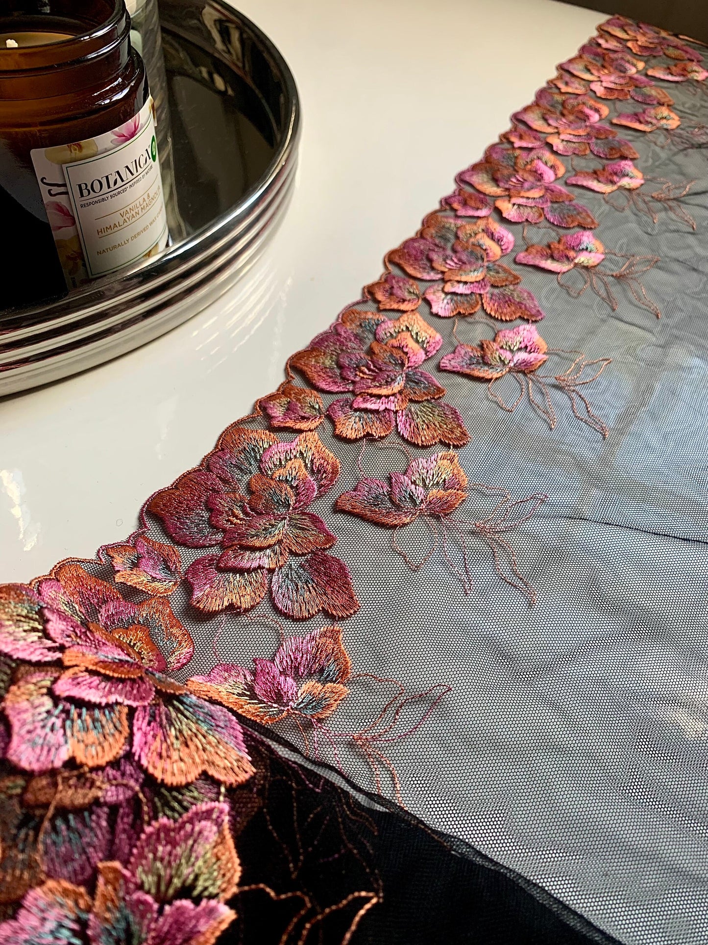 Pink Orange Black Floral Embroidered Lace Trim (8.75"/22cm) Mesh Tulle Scallop Edge Fabric for Bramaking Knickers Lingerie Sewing Craft