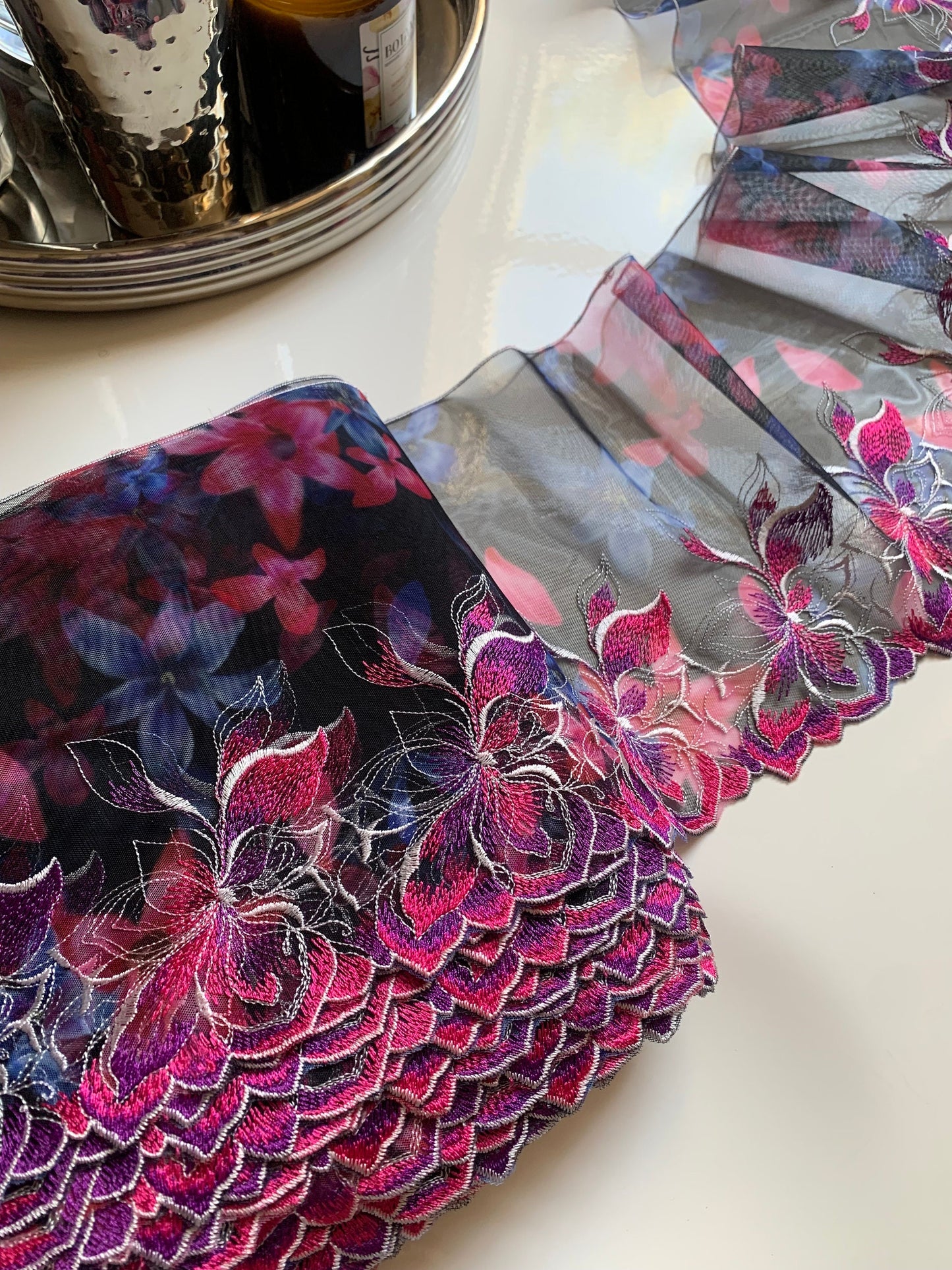 Pink Purple Blue Floral Printed Embroidered Lace Trim(7.5"/19cm) Black Mesh Tulle Scallop Edge Fabric for Bramaking Knickers Lingerie Sewing
