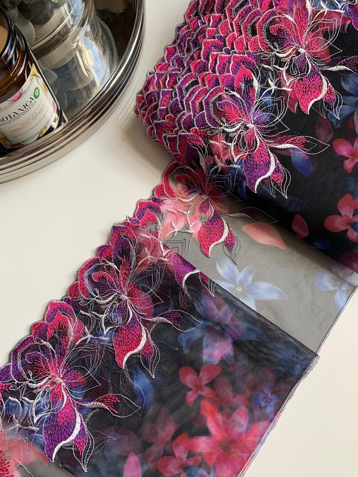 Pink Purple Blue Floral Printed Embroidered Lace Trim(7.5"/19cm) Black Mesh Tulle Scallop Edge Fabric for Bramaking Knickers Lingerie Sewing