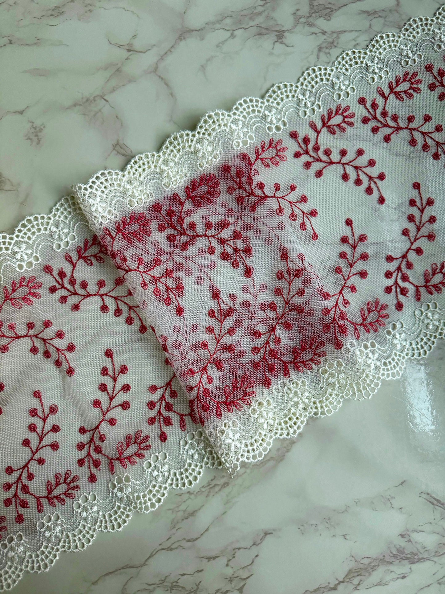 Cream White Red Lace Embroidered Lace Trim (8"/20cm) Scallop Edge Fabric for Bramaking Knickers Lingerie Sewing Craft