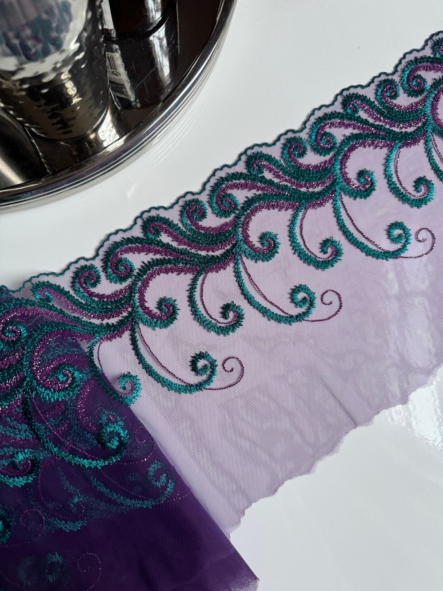 Purple Teal Blue Metallic Shimmer Lace Embroidered Lace Trim (7.5"/19cm) Scallop Edge Fabric for Bramaking Knickers Lingerie Sewing Craft