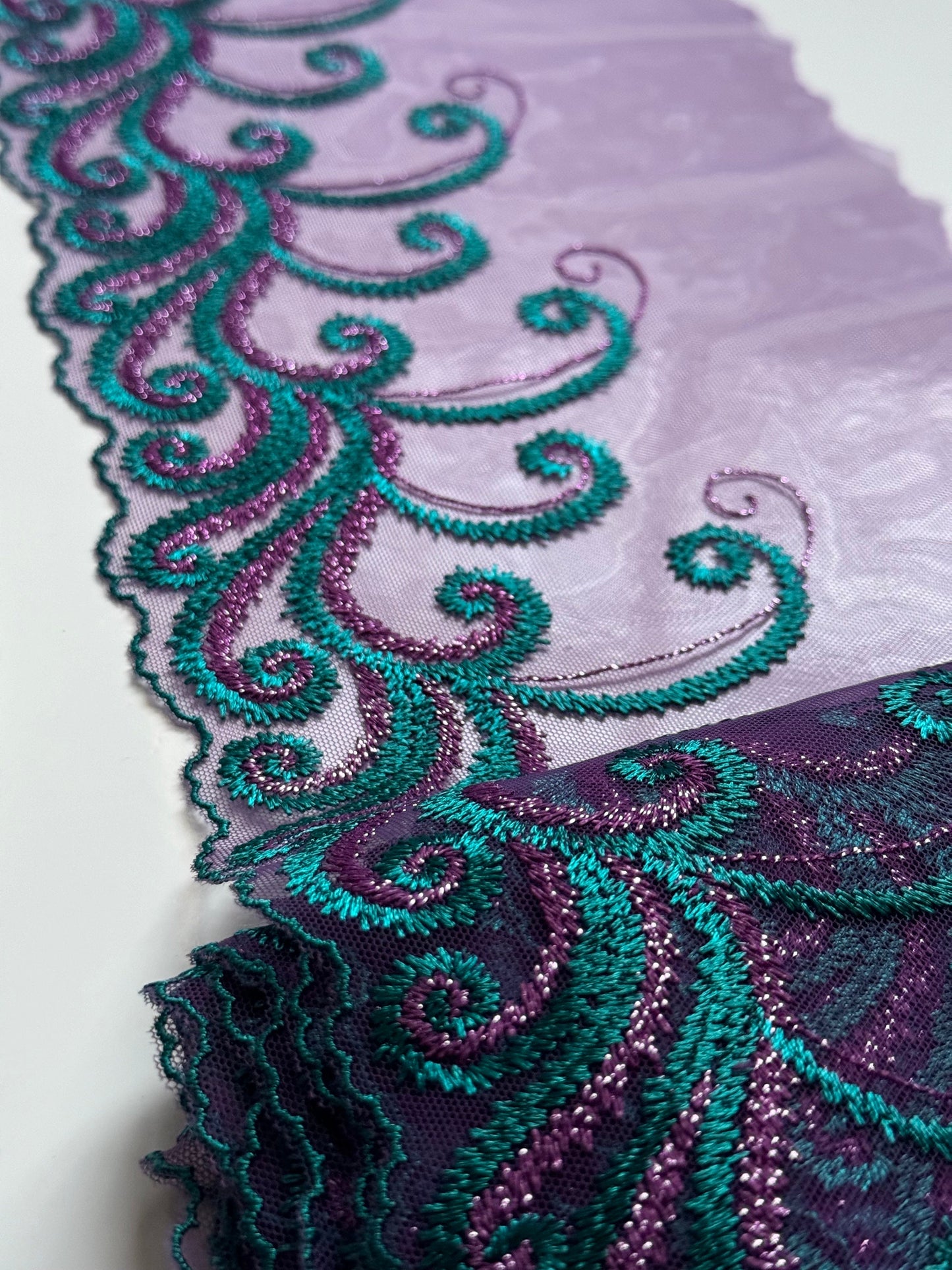Purple Teal Blue Metallic Shimmer Lace Embroidered Lace Trim (7.5"/19cm) Scallop Edge Fabric for Bramaking Knickers Lingerie Sewing Craft