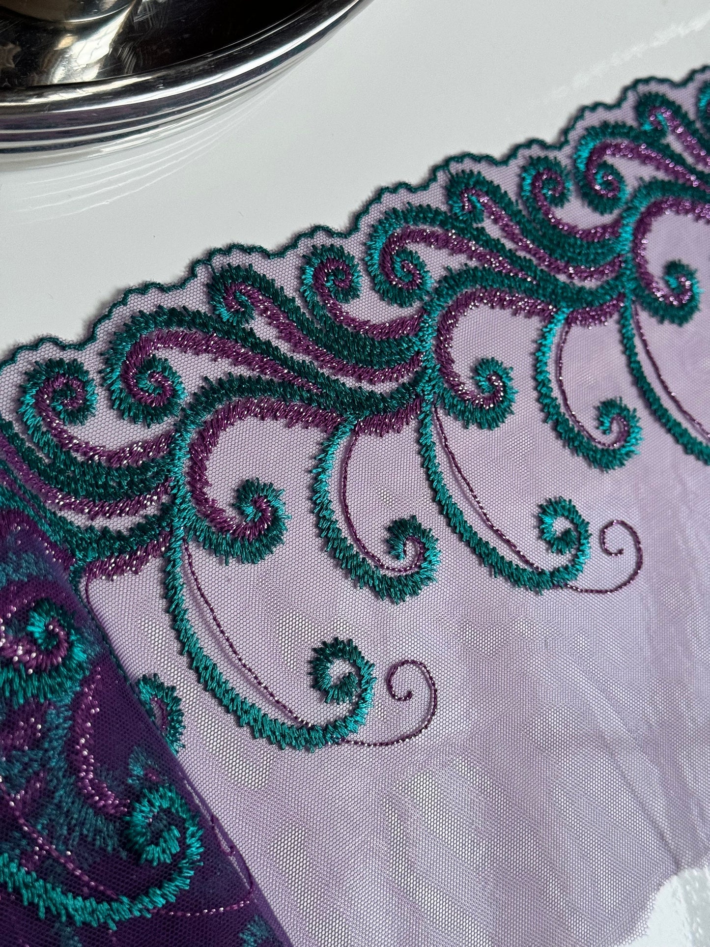 Purple Teal Blue Metallic Shimmer Lace Embroidered Lace Trim (7.5"/19cm) Scallop Edge Fabric for Bramaking Knickers Lingerie Sewing Craft