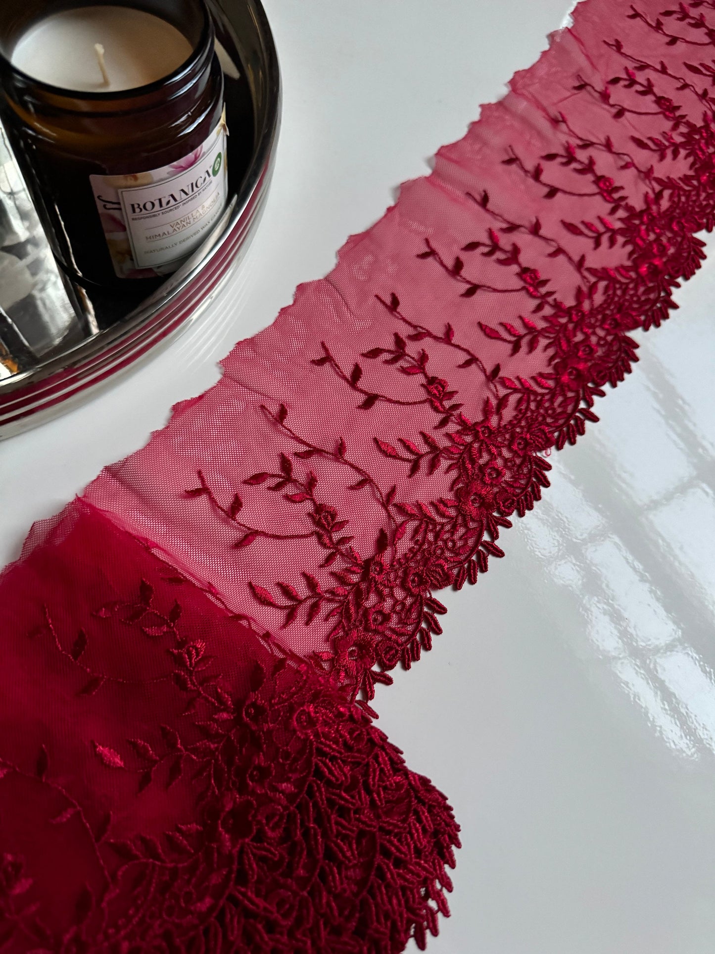 Red Guipure Edge Floral Embroidered Lace Trim (5.25"/13cm) Scallop Edge Fabric for Bramaking Knickers Lingerie Sewing Craft