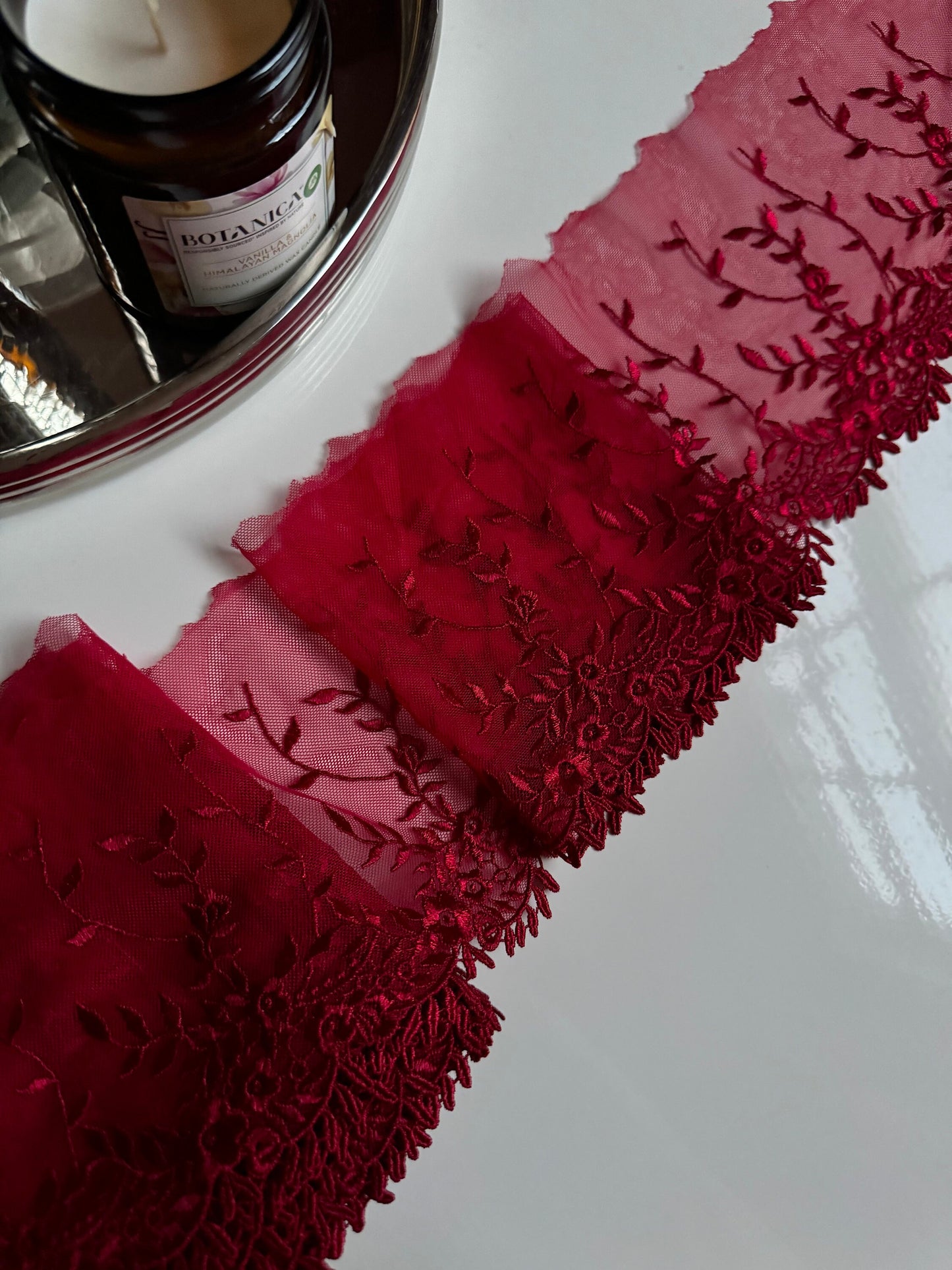 Red Guipure Edge Floral Embroidered Lace Trim (5.25"/13cm) Scallop Edge Fabric for Bramaking Knickers Lingerie Sewing Craft