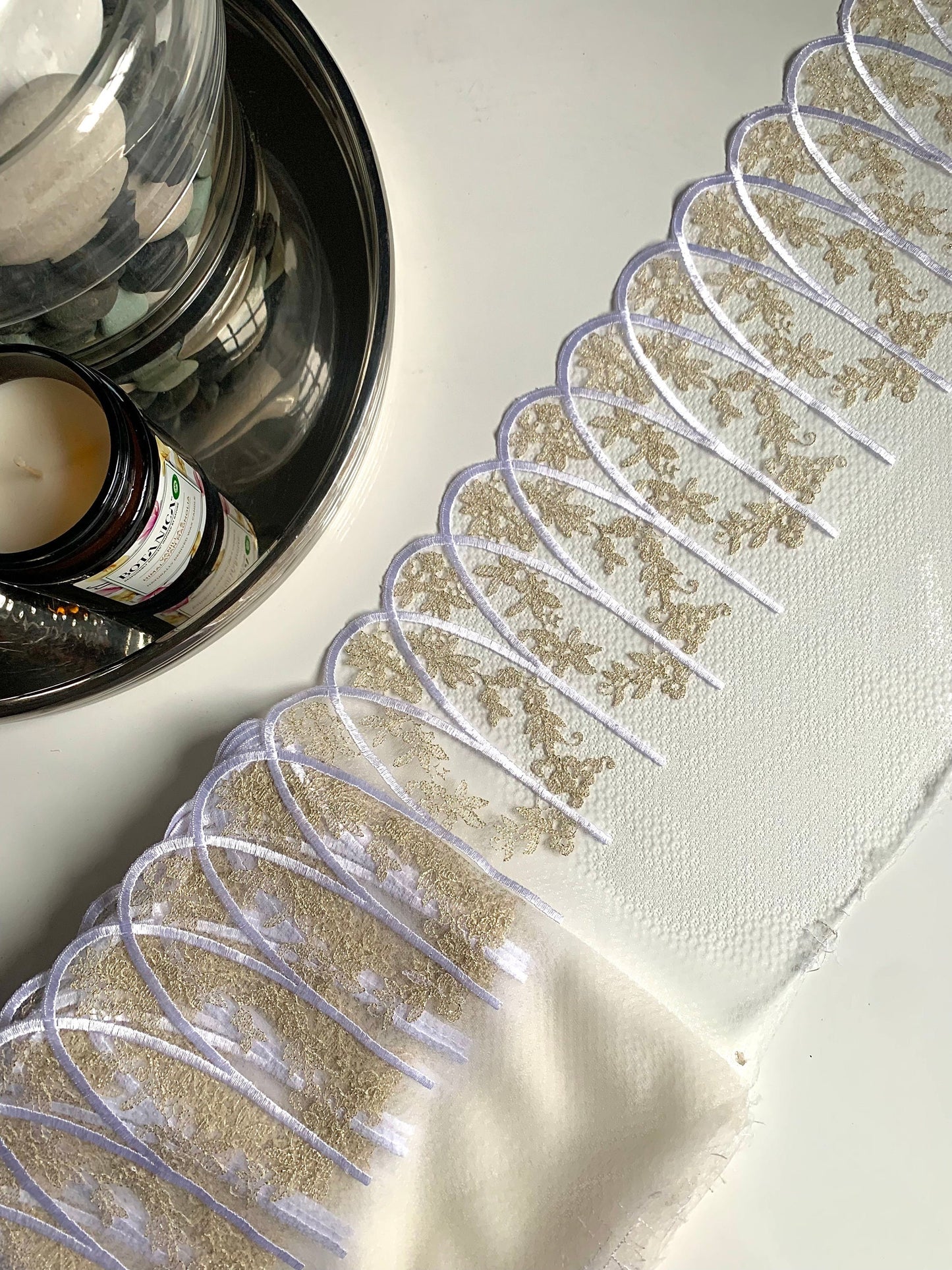 White Gold Bridal Swirl Embroidered Lace Trim (9"/23cm) Scallop Edge Fabric for Bramaking Knickers Lingerie Sewing Craft