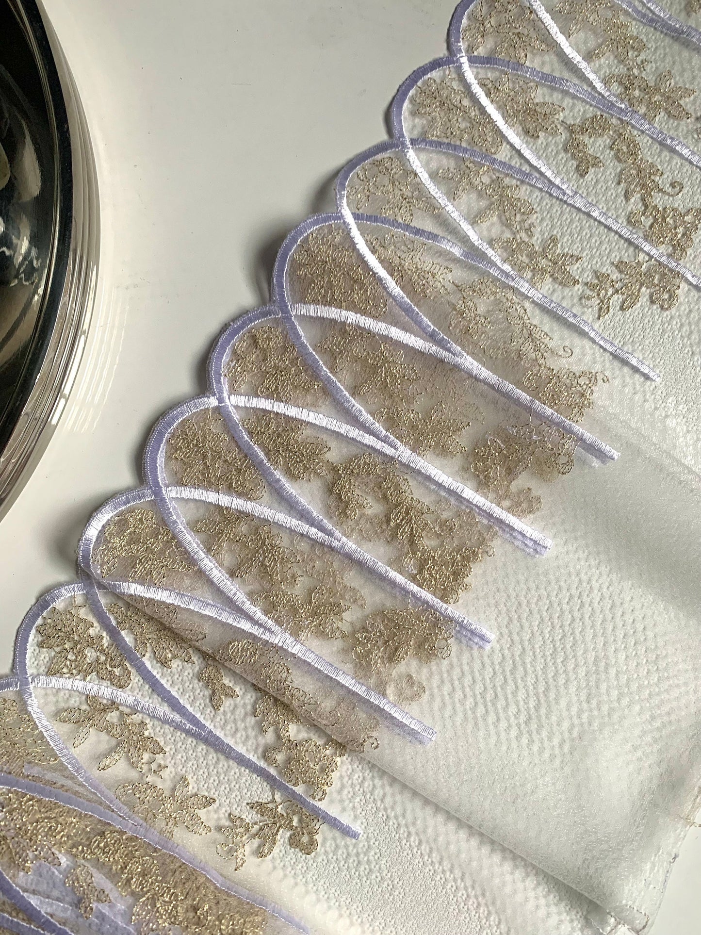 White Gold Bridal Swirl Embroidered Lace Trim (9"/23cm) Scallop Edge Fabric for Bramaking Knickers Lingerie Sewing Craft