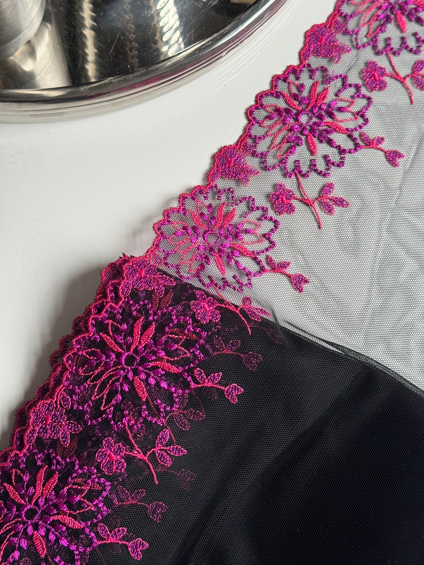 Pink Purple Fuschia Floral Embroidered Lace Trim (8"/20cm) Black Mesh Tulle Scallop Edge Fabric for Bramaking Knickers Lingerie Sewing Craft