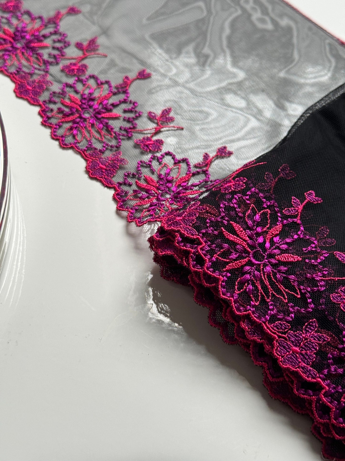 Pink Purple Fuschia Floral Embroidered Lace Trim (8"/20cm) Black Mesh Tulle Scallop Edge Fabric for Bramaking Knickers Lingerie Sewing Craft