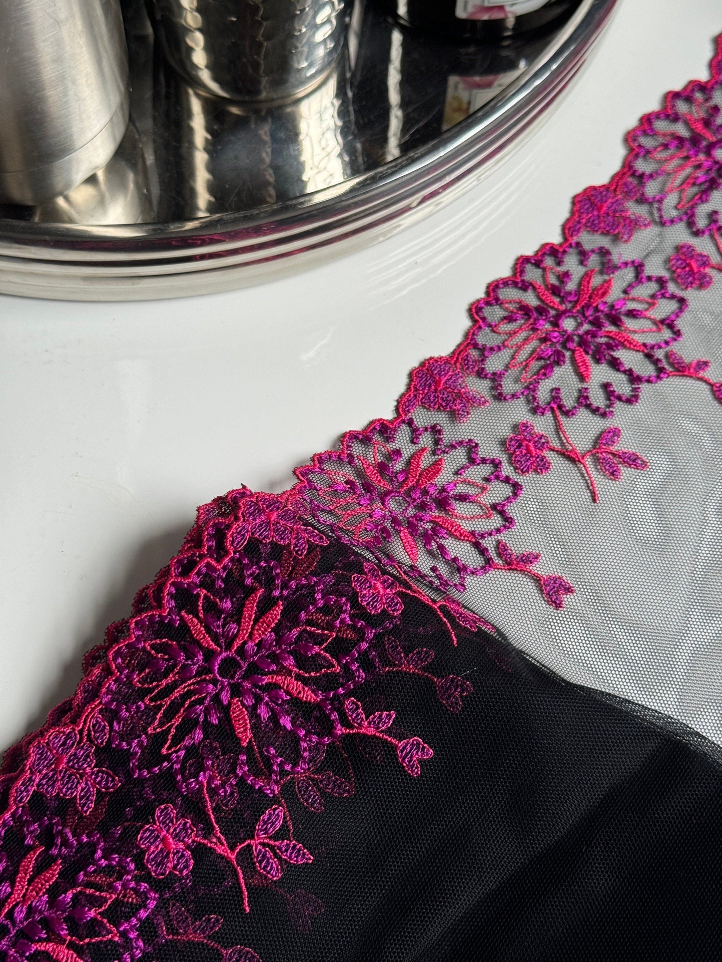 Pink Purple Fuschia Floral Embroidered Lace Trim (8"/20cm) Black Mesh Tulle Scallop Edge Fabric for Bramaking Knickers Lingerie Sewing Craft