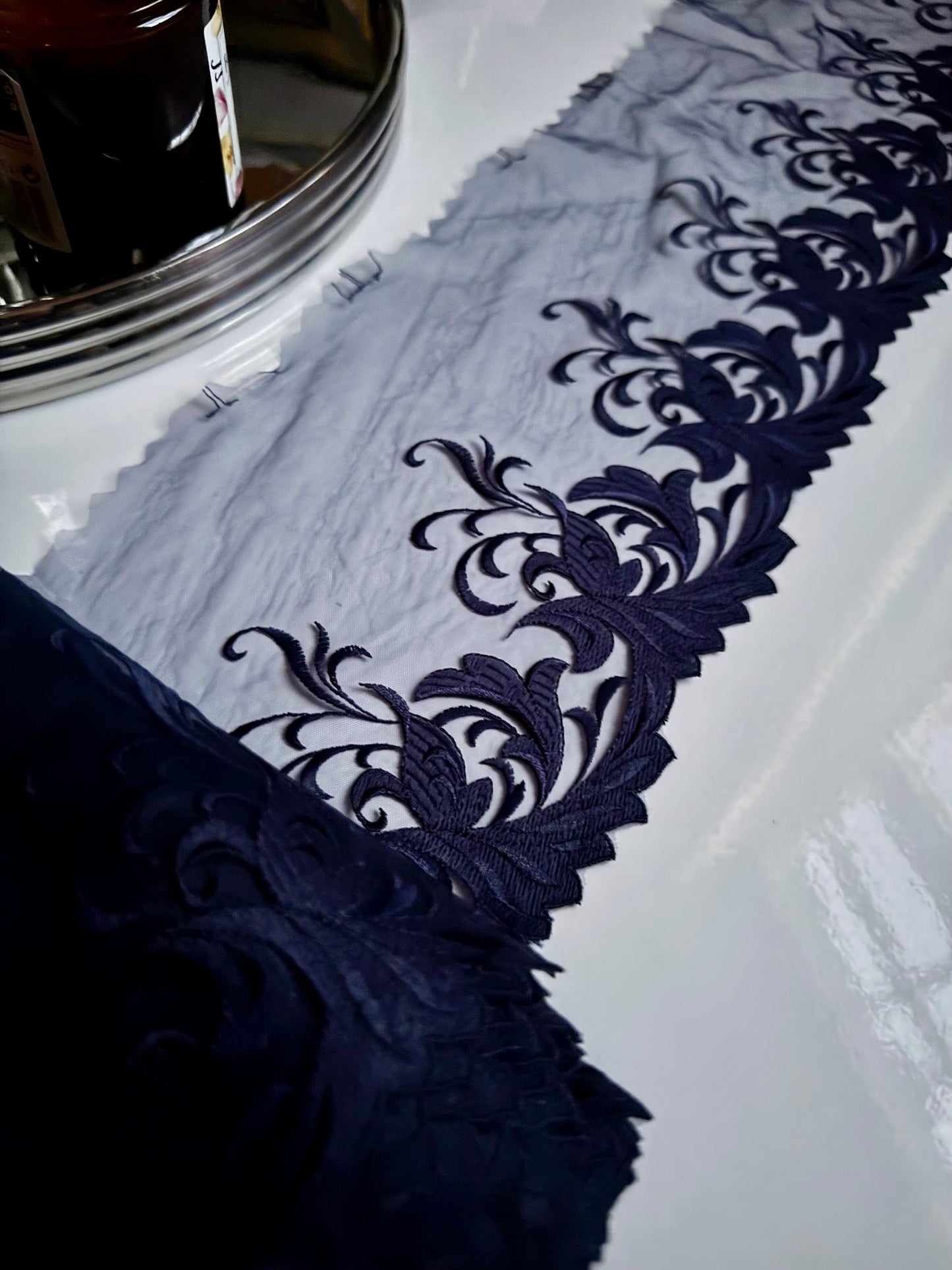 Navy Blue Floral Leaf Swirl Embroidered Lace Trim (6"/15cm) Scallop Edge Fabric for Bramaking Knickers Lingerie Sewing Craft