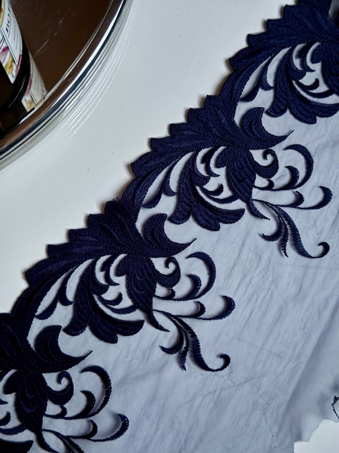 Navy Blue Floral Leaf Swirl Embroidered Lace Trim (6"/15cm) Scallop Edge Fabric for Bramaking Knickers Lingerie Sewing Craft