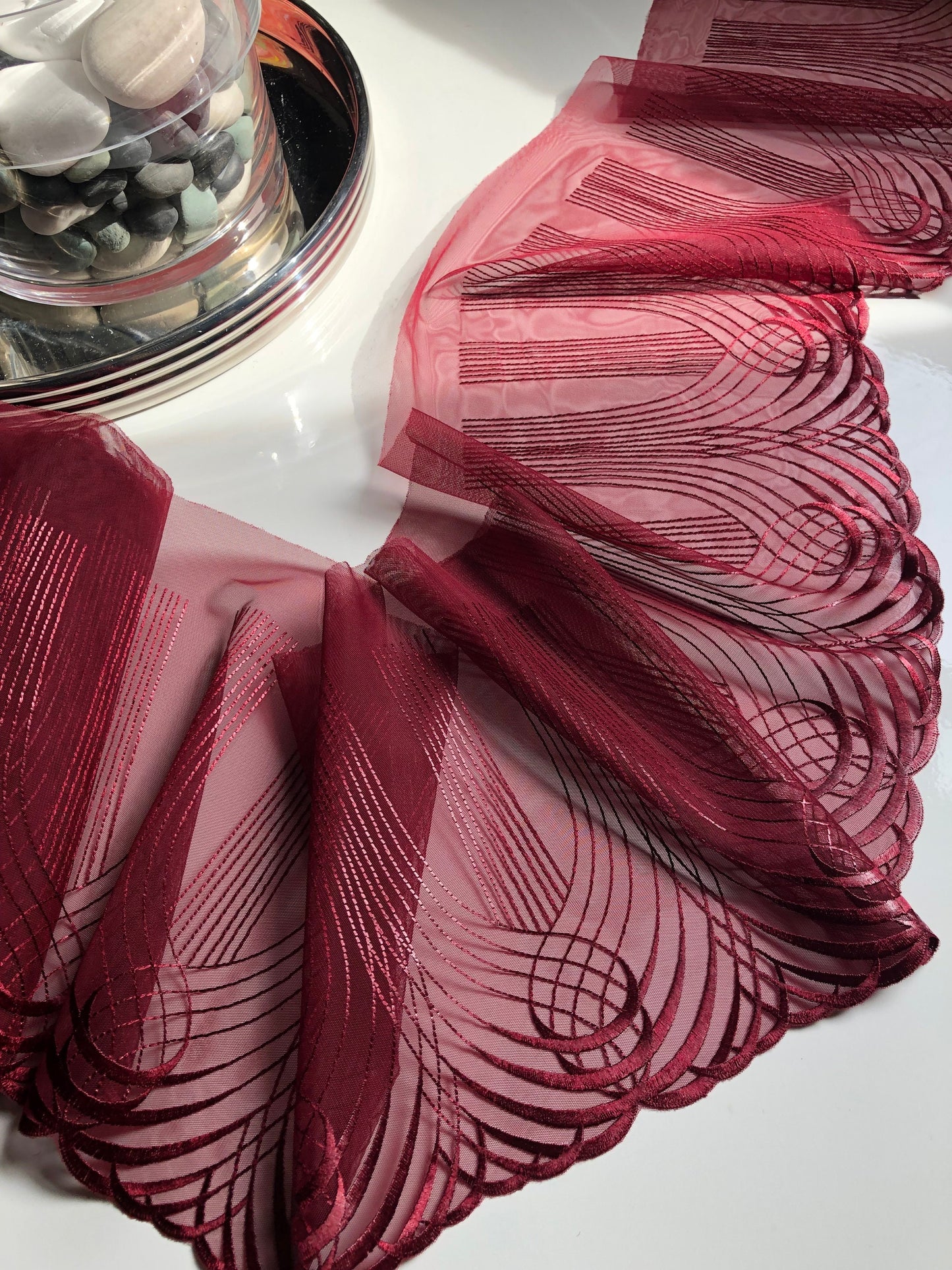 Burgundy Dark Red Swirl Embroidered Lace Trim (8.75"/22cm) Tulle Scallop Edge Fabric for Bra Making Knickers Lingerie Sewing Craft