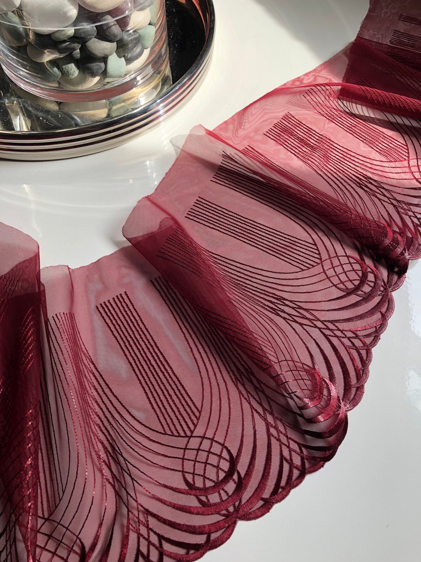 Burgundy Dark Red Swirl Embroidered Lace Trim (8.75"/22cm) Tulle Scallop Edge Fabric for Bra Making Knickers Lingerie Sewing Craft