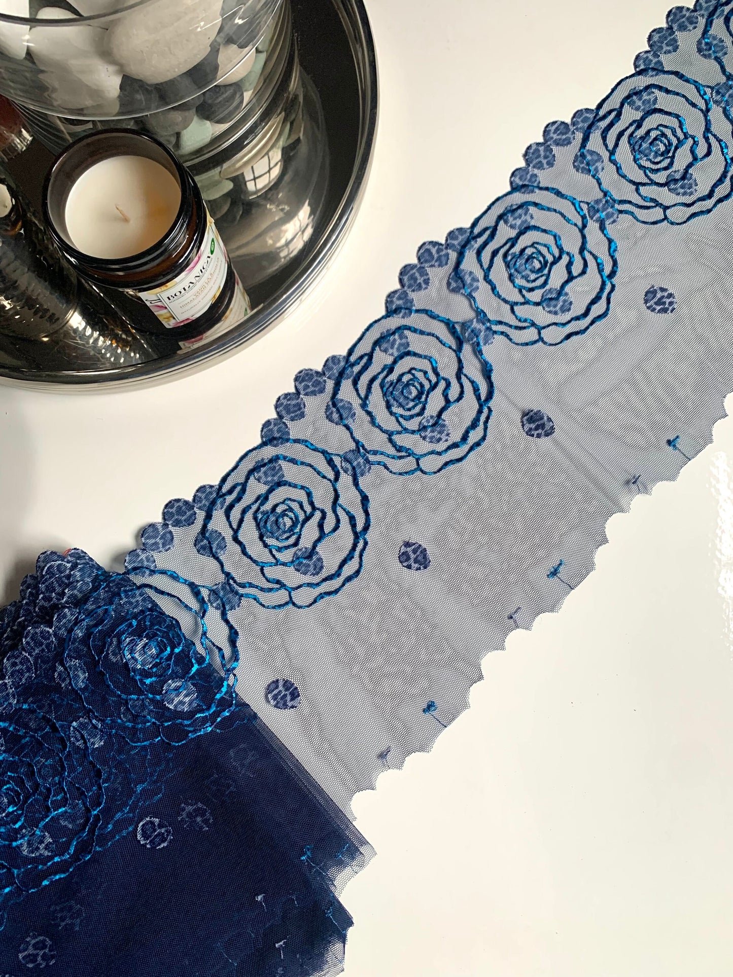Denim Blue Floral Rose Animal Printed Embroidered Lace Trim (7.5"/19cm) Scallop Edge Fabric for Bramaking Knickers Lingerie Sewing Craft