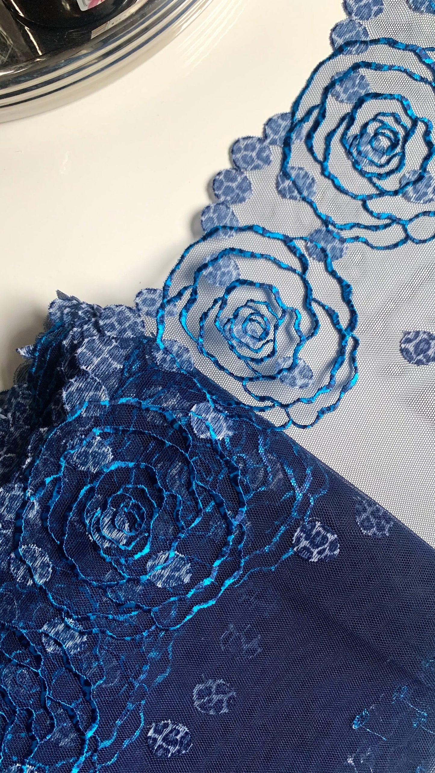 Denim Blue Floral Rose Animal Printed Embroidered Lace Trim (7.5"/19cm) Scallop Edge Fabric for Bramaking Knickers Lingerie Sewing Craft