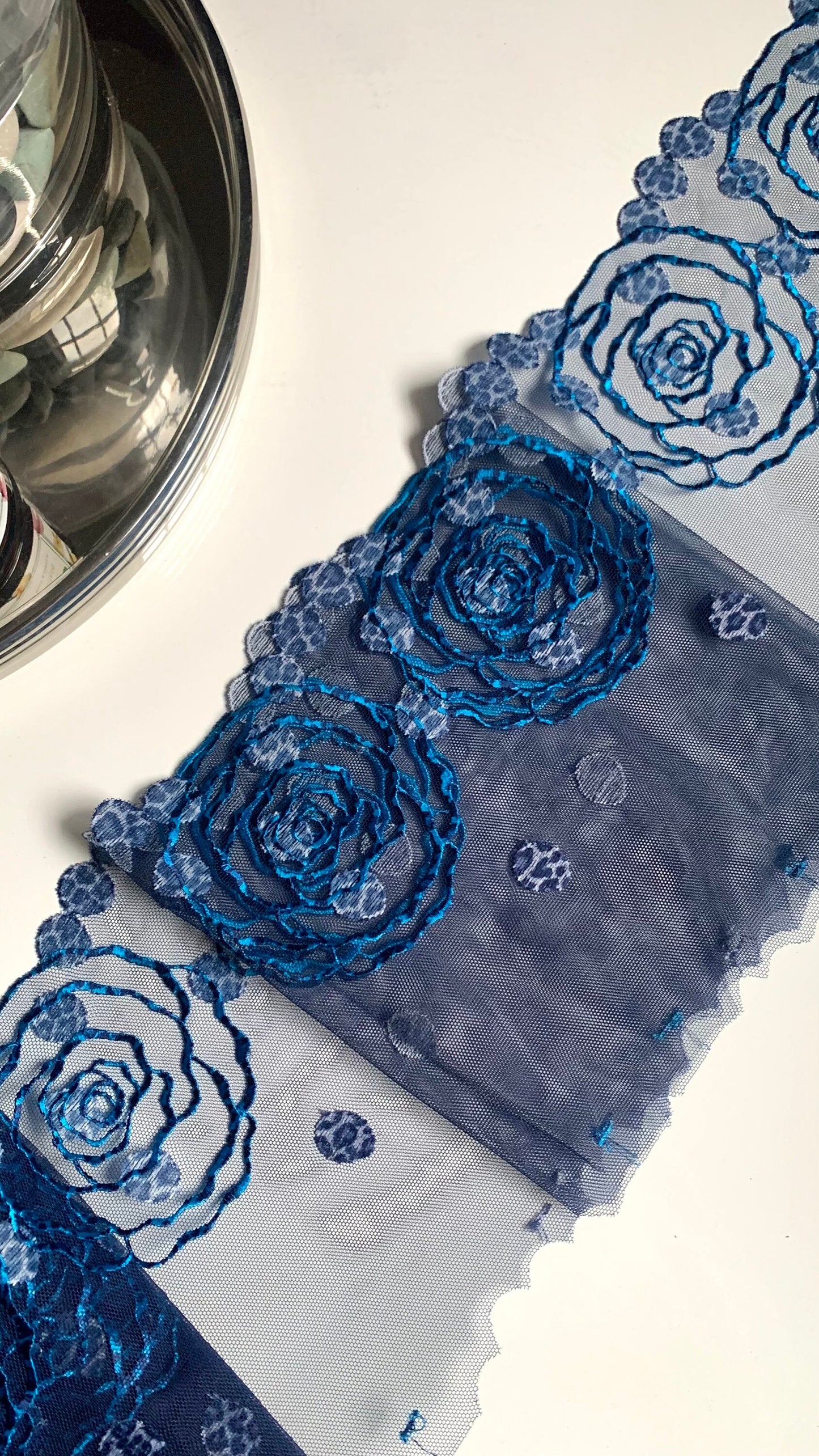 Denim Blue Floral Rose Animal Printed Embroidered Lace Trim (7.5"/19cm) Scallop Edge Fabric for Bramaking Knickers Lingerie Sewing Craft