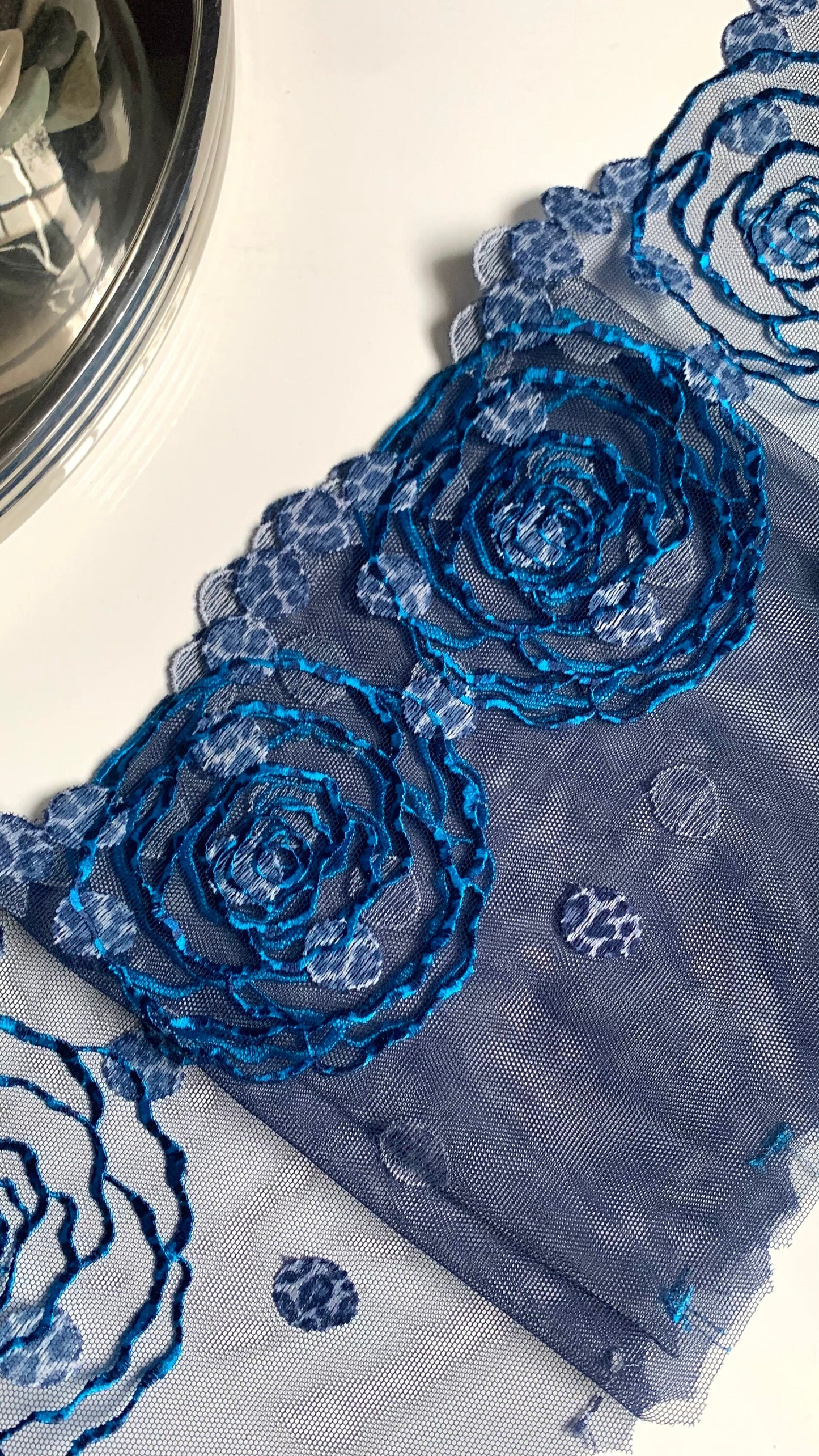Denim Blue Floral Rose Animal Printed Embroidered Lace Trim (7.5"/19cm) Scallop Edge Fabric for Bramaking Knickers Lingerie Sewing Craft