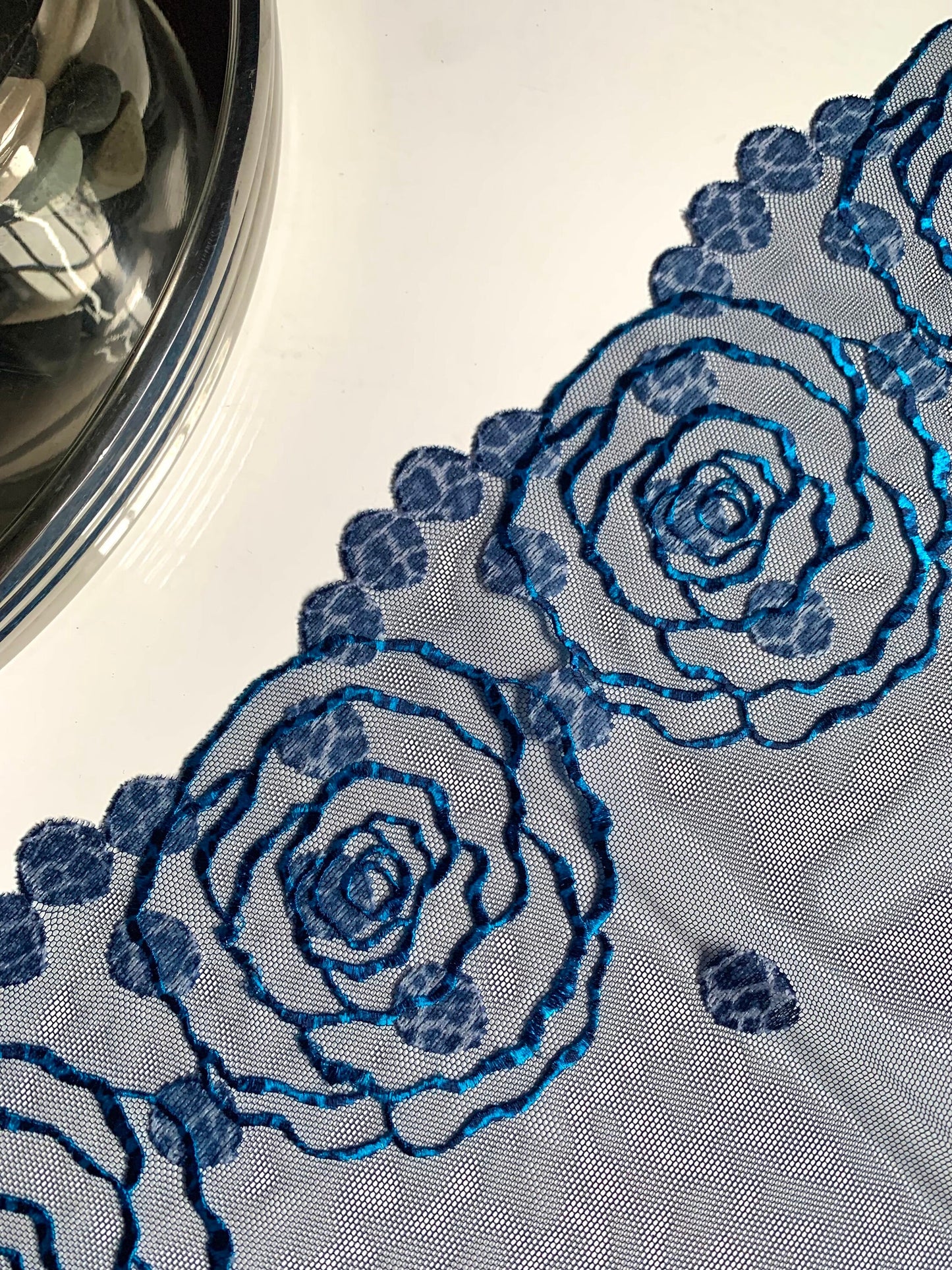 Denim Blue Floral Rose Animal Printed Embroidered Lace Trim (7.5"/19cm) Scallop Edge Fabric for Bramaking Knickers Lingerie Sewing Craft