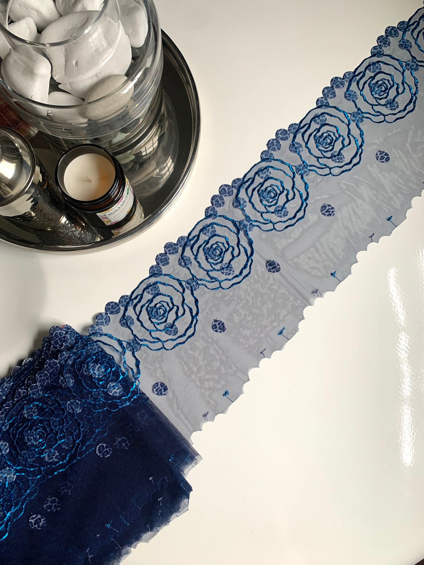 Denim Blue Floral Rose Animal Printed Embroidered Lace Trim (7.5"/19cm) Scallop Edge Fabric for Bramaking Knickers Lingerie Sewing Craft