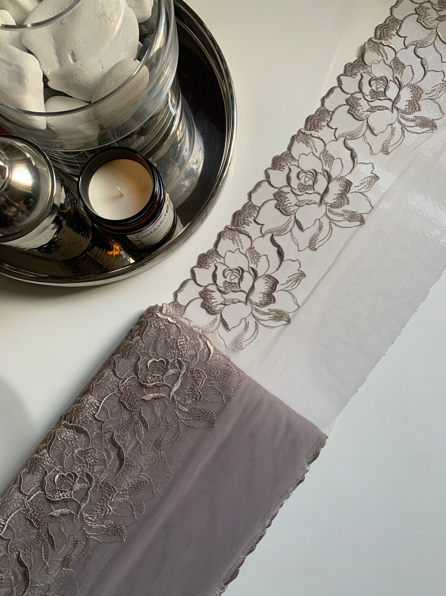 Taupe Grey Brown 8.50”/22cm Large Flower Embroidered Lace Trim Scallop Edge Floral Fabric for Bra Making Bramaking Knickers Lingerie Sewing