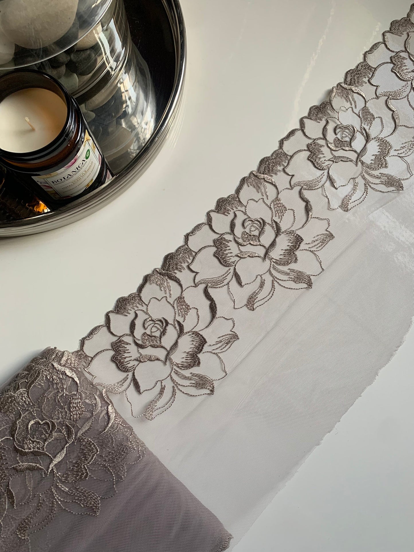 Taupe Grey Brown 8.50”/22cm Large Flower Embroidered Lace Trim Scallop Edge Floral Fabric for Bra Making Bramaking Knickers Lingerie Sewing