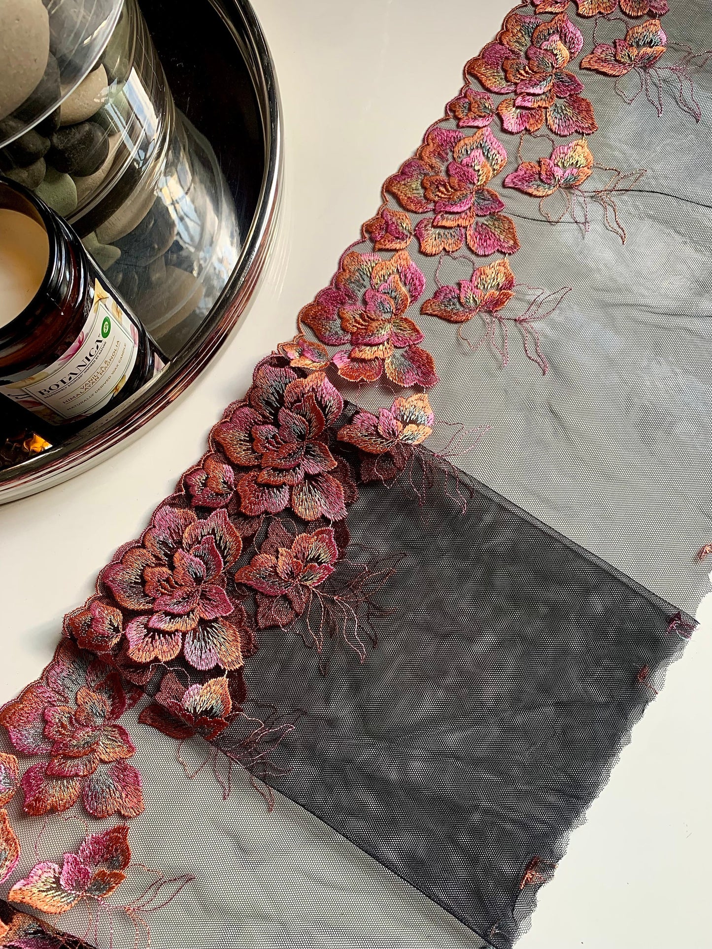 Pink Orange Black Floral Embroidered Lace Trim (8.75"/22cm) Mesh Tulle Scallop Edge Fabric for Bramaking Knickers Lingerie Sewing Craft