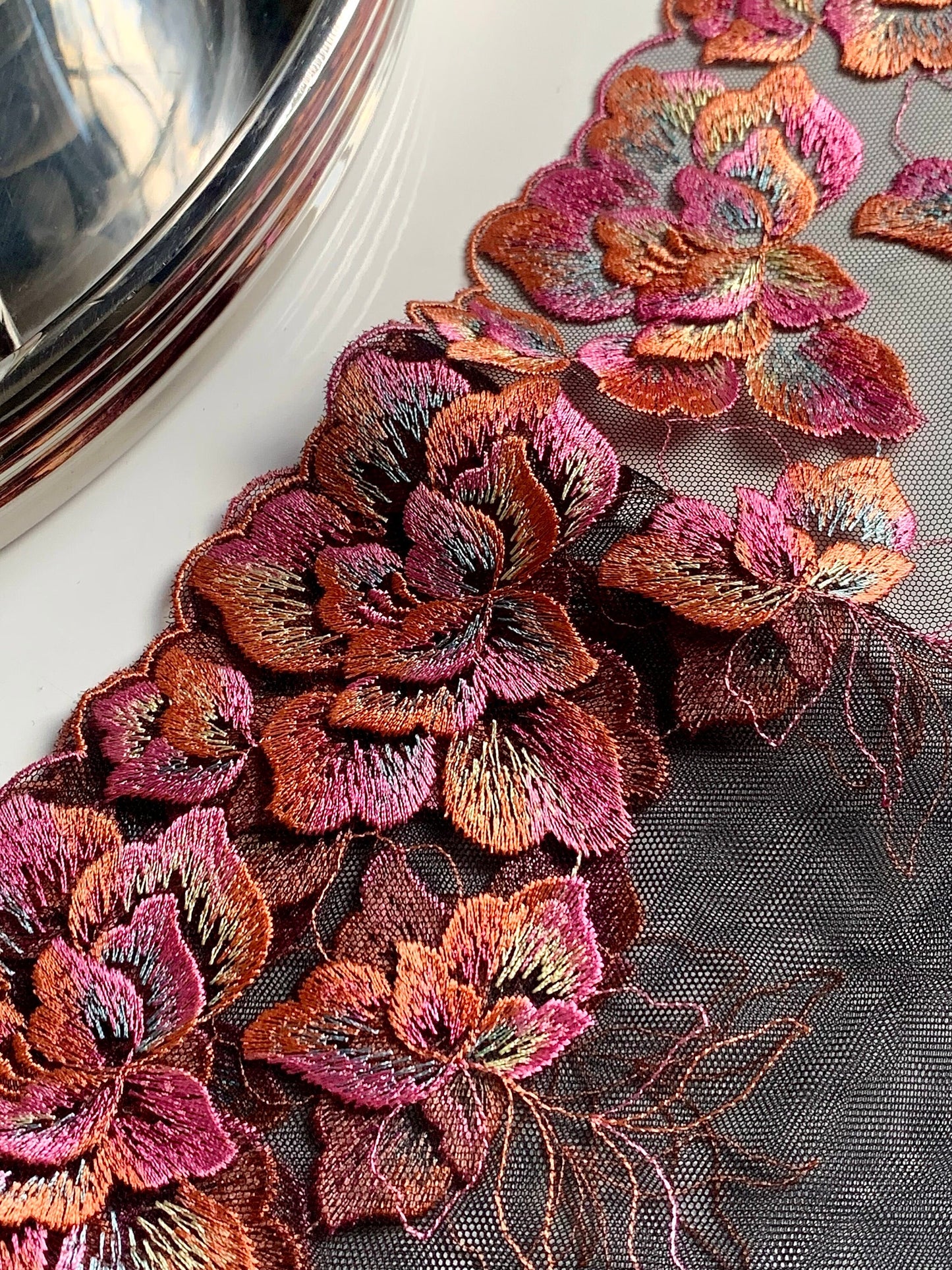 Pink Orange Black Floral Embroidered Lace Trim (8.75"/22cm) Mesh Tulle Scallop Edge Fabric for Bramaking Knickers Lingerie Sewing Craft