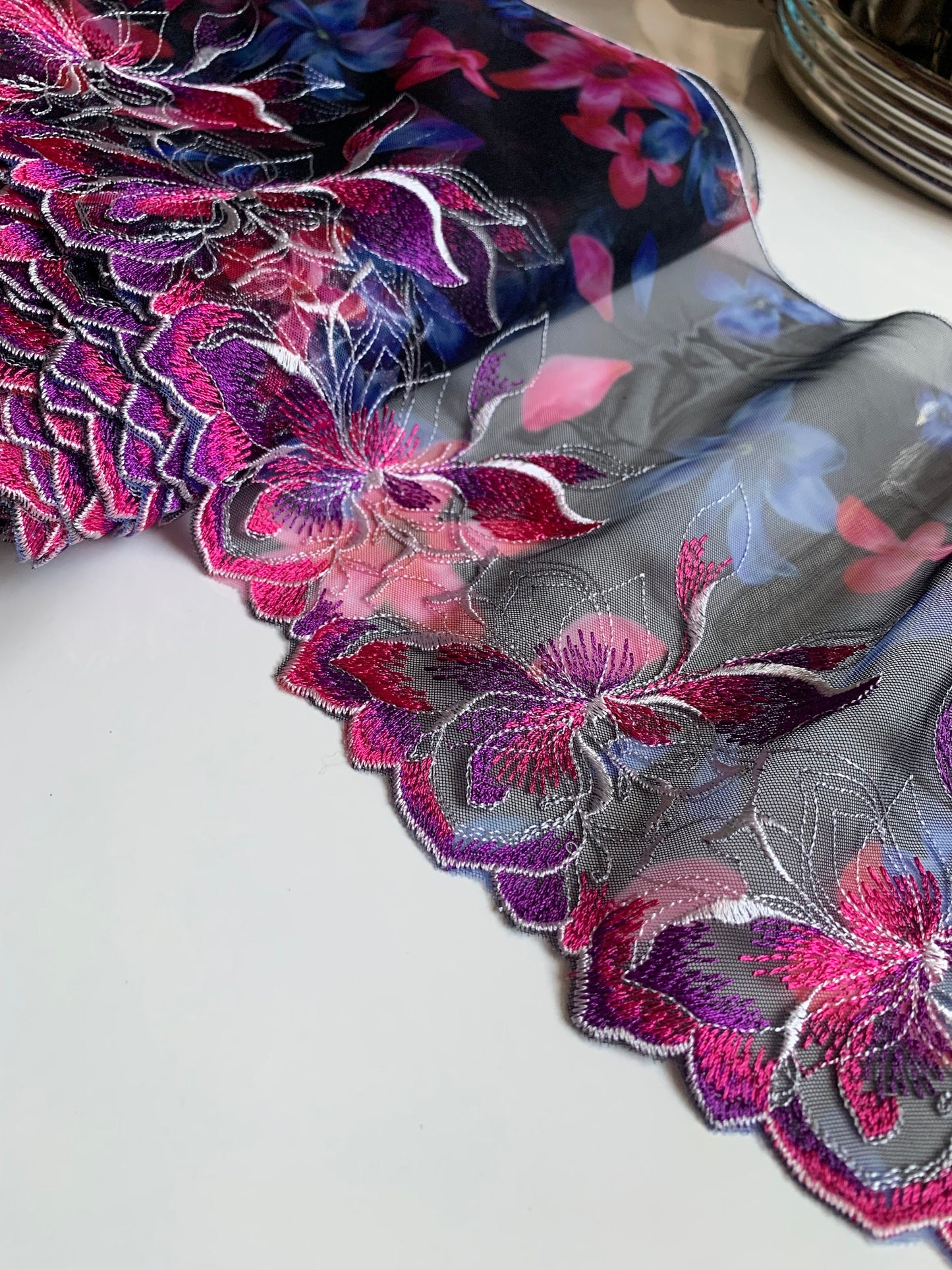 Pink Purple Blue Floral Printed Embroidered Lace Trim(7.5"/19cm) Black Mesh Tulle Scallop Edge Fabric for Bramaking Knickers Lingerie Sewing
